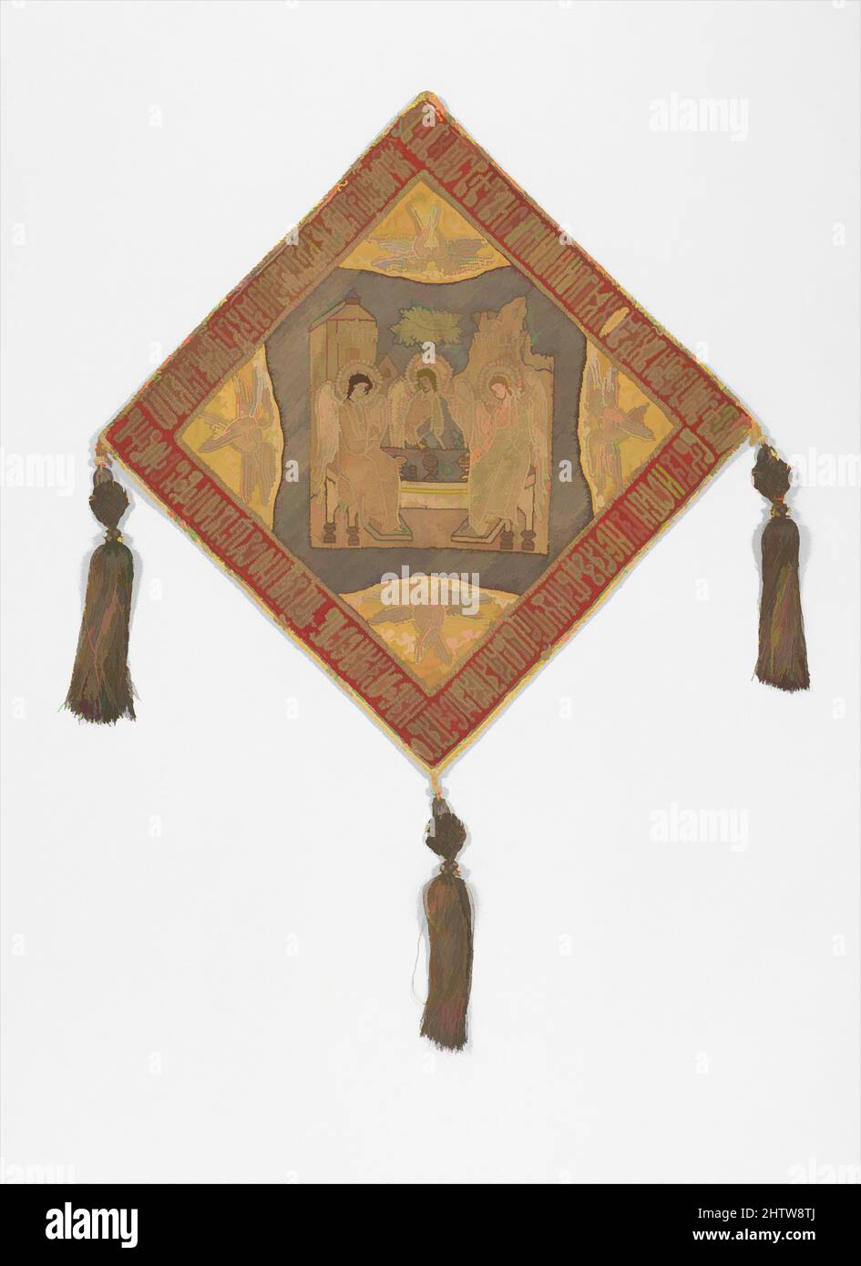 Art inspired by Epigonation (Palitsa), 16th–17th century, Russian, Silk, metal thread, and pearl embroidery on a foundation of silk satin; tassels of metal thread and pearls, 22 3/8 × 21 1/8 in. (56.8 × 53.7 cm), Textiles-Embroidered, Worn by a bishop over his right thigh, this, Classic works modernized by Artotop with a splash of modernity. Shapes, color and value, eye-catching visual impact on art. Emotions through freedom of artworks in a contemporary way. A timeless message pursuing a wildly creative new direction. Artists turning to the digital medium and creating the Artotop NFT Stock Photo