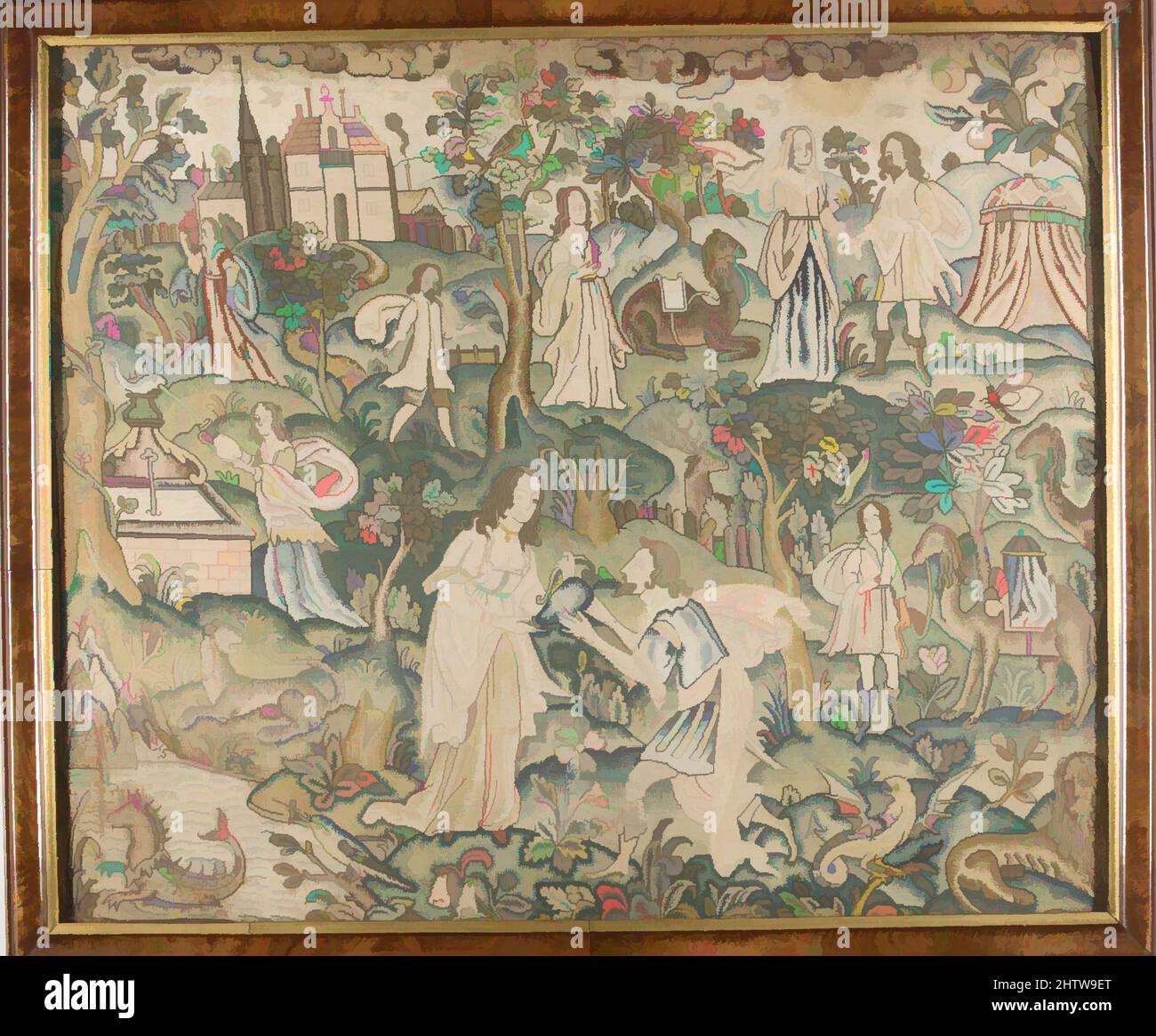Art inspired by Eliezer and Rebecca, mid-17th century, British, Silk on canvas, H. 17 1/4 x W. 20 3/4 inches (43.8 x 52.7 cm); Framed: H. 19 1/2 x W. 23 1/4 x D. 1 1/4 inches (49.5 x 59.1 x 3.2 cm), Textiles-Embroidered, Classic works modernized by Artotop with a splash of modernity. Shapes, color and value, eye-catching visual impact on art. Emotions through freedom of artworks in a contemporary way. A timeless message pursuing a wildly creative new direction. Artists turning to the digital medium and creating the Artotop NFT Stock Photo