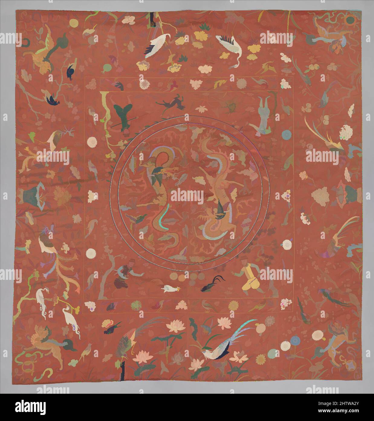 Art inspired by Coverlet, 17th century, Chinese, for the European market, Silk satin, embroidered with silk and gilt-paper-wrapped thread, H. 84 x W. 79 inches (213.4 x 200.7 cm), Textiles-Embroidered, This Chinese coverlet reflects the novelty that comes from artistic exchange. The, Classic works modernized by Artotop with a splash of modernity. Shapes, color and value, eye-catching visual impact on art. Emotions through freedom of artworks in a contemporary way. A timeless message pursuing a wildly creative new direction. Artists turning to the digital medium and creating the Artotop NFT Stock Photo