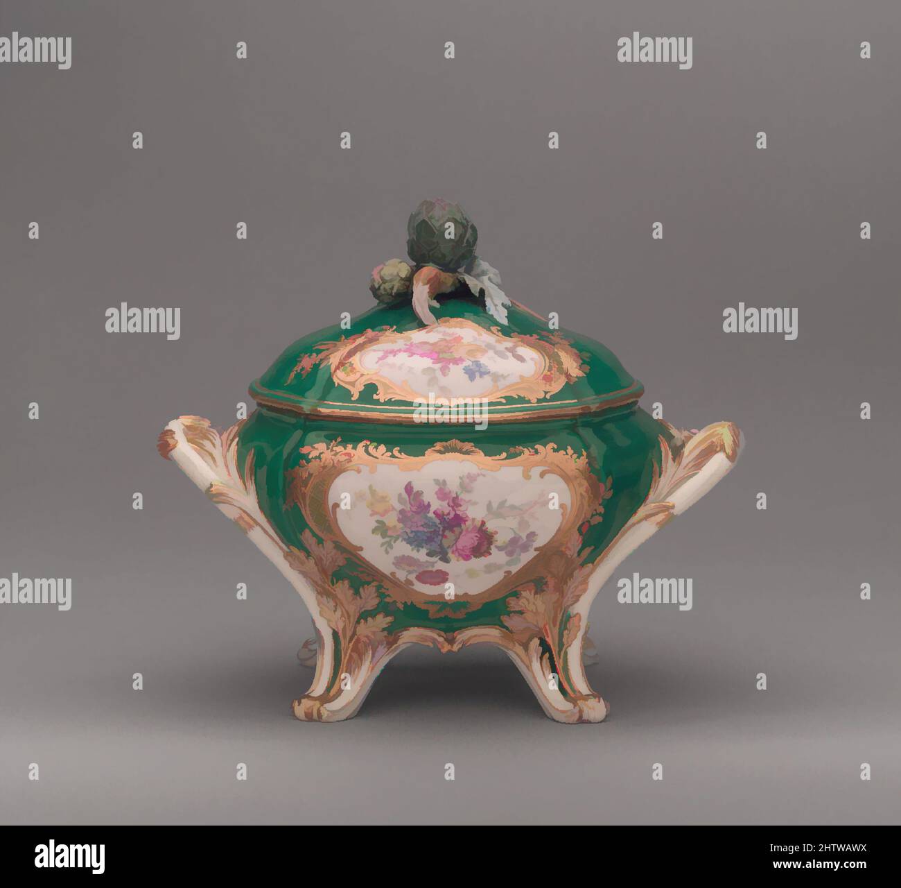 Art inspired by Tureen, 1757–58, French, Sèvres, Soft-paste porcelain, Overall: 9 5/8 x 11 1/8 x 8 3/8 in. (24.4 x 28.3 x 21.3 cm), Ceramics-Porcelain, The curvilinear forms of this tureen and the asymmetry of the gilding reflect the characteristic features of the French rococo style, Classic works modernized by Artotop with a splash of modernity. Shapes, color and value, eye-catching visual impact on art. Emotions through freedom of artworks in a contemporary way. A timeless message pursuing a wildly creative new direction. Artists turning to the digital medium and creating the Artotop NFT Stock Photo