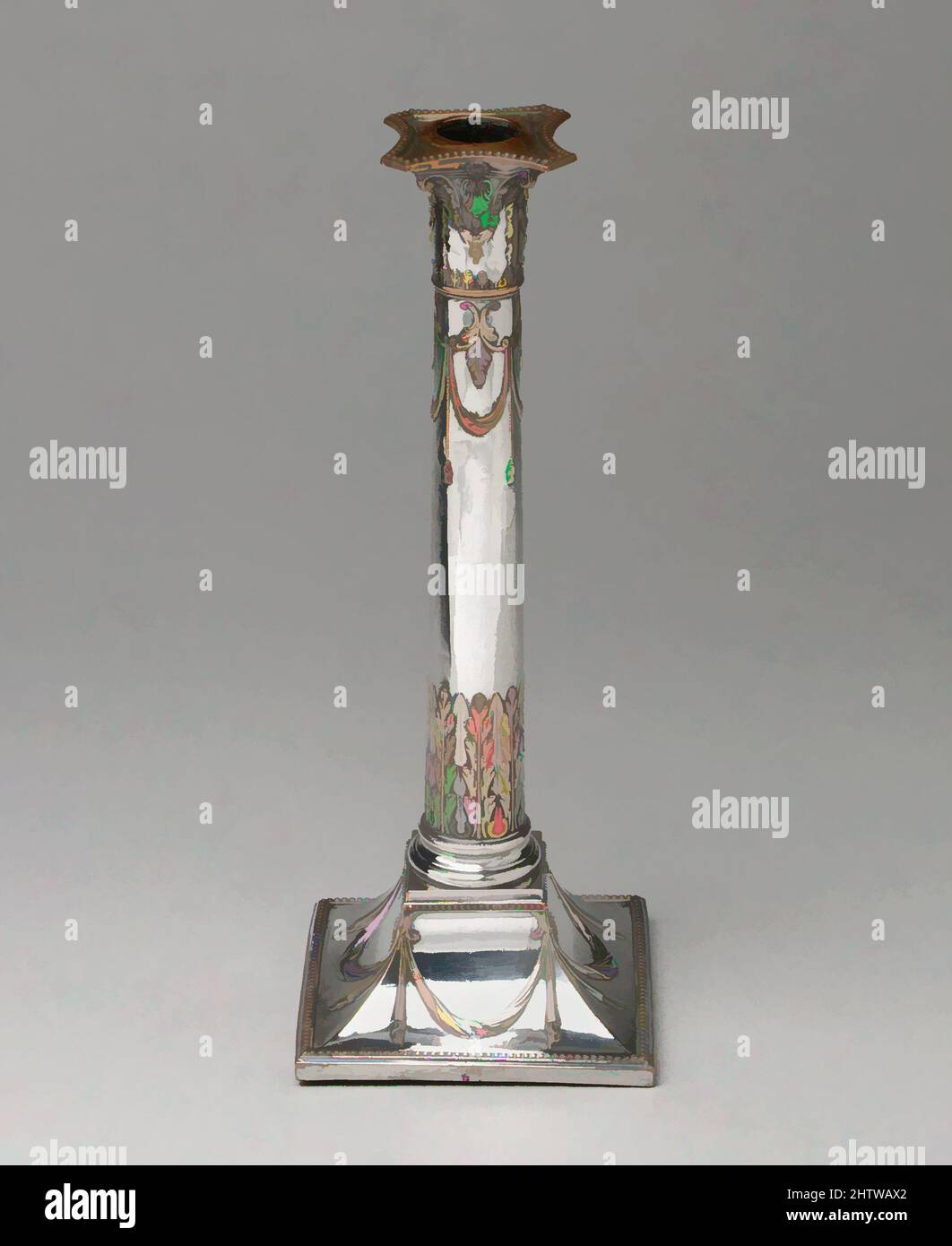 Art inspired by Candlestick (one of a pair), ca. 1775–80, British, Sheffield plate, Height: 12 1/4 in. (31.1 cm), Metalwork-Silverplate, Classic works modernized by Artotop with a splash of modernity. Shapes, color and value, eye-catching visual impact on art. Emotions through freedom of artworks in a contemporary way. A timeless message pursuing a wildly creative new direction. Artists turning to the digital medium and creating the Artotop NFT Stock Photo