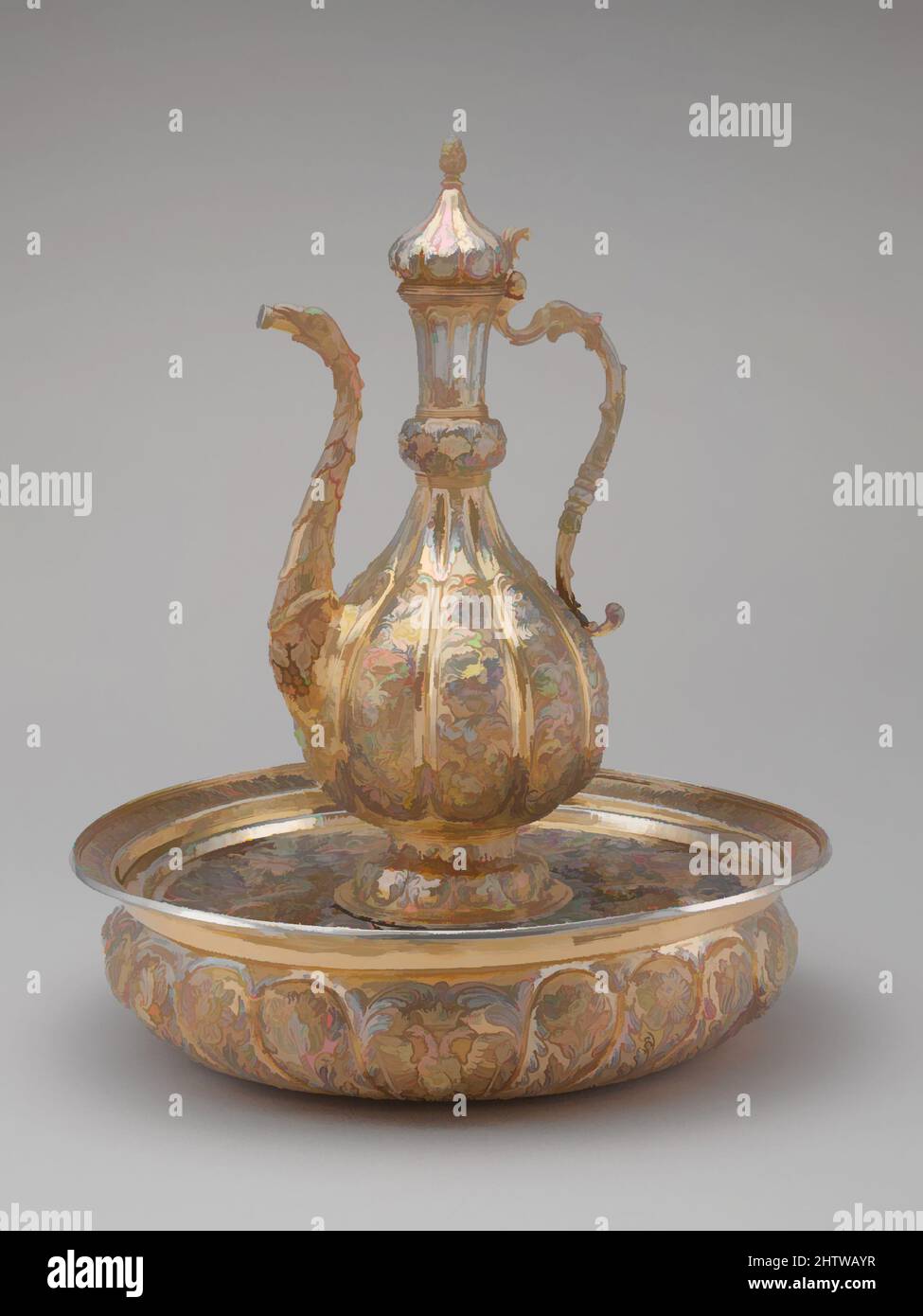 Art inspired by Ewer and basin (lavabo set), ca. 1680–85, Moldovan, Silver, partially gilded, H.: 20 1/4 in., Diam.: 15 1/4 in., Wt.: 9.7lb. (51.4 cm, 38.7 cm, 4.4kg,), Metalwork-Silver, Uniting the ornate Northern Baroque floral style with the exotic shape of Islamic objects, this, Classic works modernized by Artotop with a splash of modernity. Shapes, color and value, eye-catching visual impact on art. Emotions through freedom of artworks in a contemporary way. A timeless message pursuing a wildly creative new direction. Artists turning to the digital medium and creating the Artotop NFT Stock Photo