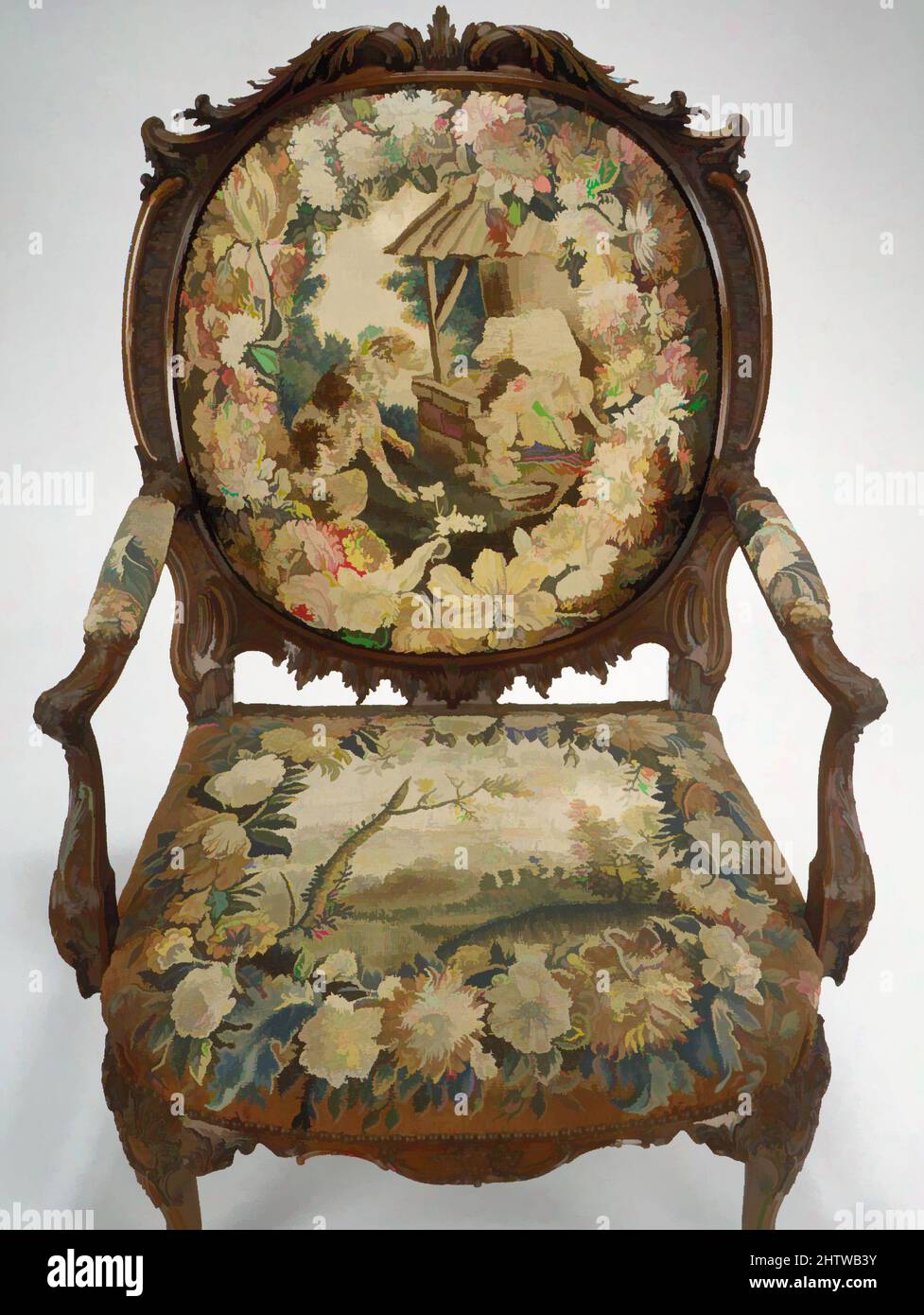Art inspired by Armchair (one of four), ca. 1751–52, British and French, probably Beauvais, Mahogany; wool and silk (18-21 warps per inch, 7-9 per centimeter), H. 44 x W. 32 x D. 28 in. (111.8 x 81.3 x 71.1 cm), Woodwork-Furniture, These chairs are from a set of six armchairs and two, Classic works modernized by Artotop with a splash of modernity. Shapes, color and value, eye-catching visual impact on art. Emotions through freedom of artworks in a contemporary way. A timeless message pursuing a wildly creative new direction. Artists turning to the digital medium and creating the Artotop NFT Stock Photo