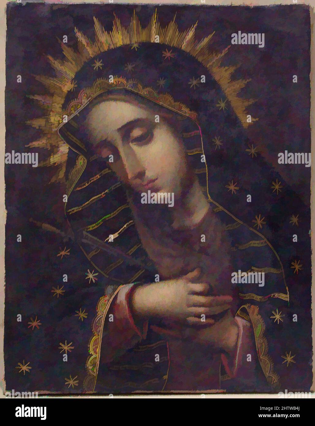 Art inspired by The Sorrowing Virgin, 18th century, Possibly made in Mexico, Spanish Colonial, Oil on canvas, Overall: 10 3/4 x 8 1/2 in. (27.3 x 21.6 cm), Paintings, Classic works modernized by Artotop with a splash of modernity. Shapes, color and value, eye-catching visual impact on art. Emotions through freedom of artworks in a contemporary way. A timeless message pursuing a wildly creative new direction. Artists turning to the digital medium and creating the Artotop NFT Stock Photo