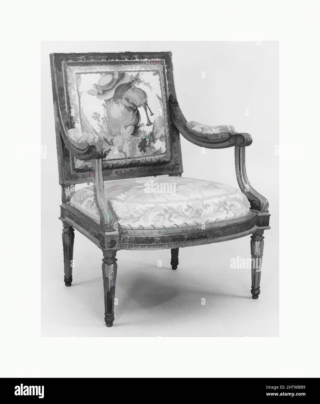 Art inspired by Armchair (part of a set ), ca. 1785, French, Paris, Carved and gilded walnut, 18th-century embroidered silk-satin not original to the frame, H. 37-5/8 x W. 28 x D. 29 in. (95.6 x 71.1 x 73.7 cm), Woodwork-Furniture, Georges Jacob (French, 1739–1814), embroidered, Classic works modernized by Artotop with a splash of modernity. Shapes, color and value, eye-catching visual impact on art. Emotions through freedom of artworks in a contemporary way. A timeless message pursuing a wildly creative new direction. Artists turning to the digital medium and creating the Artotop NFT Stock Photo