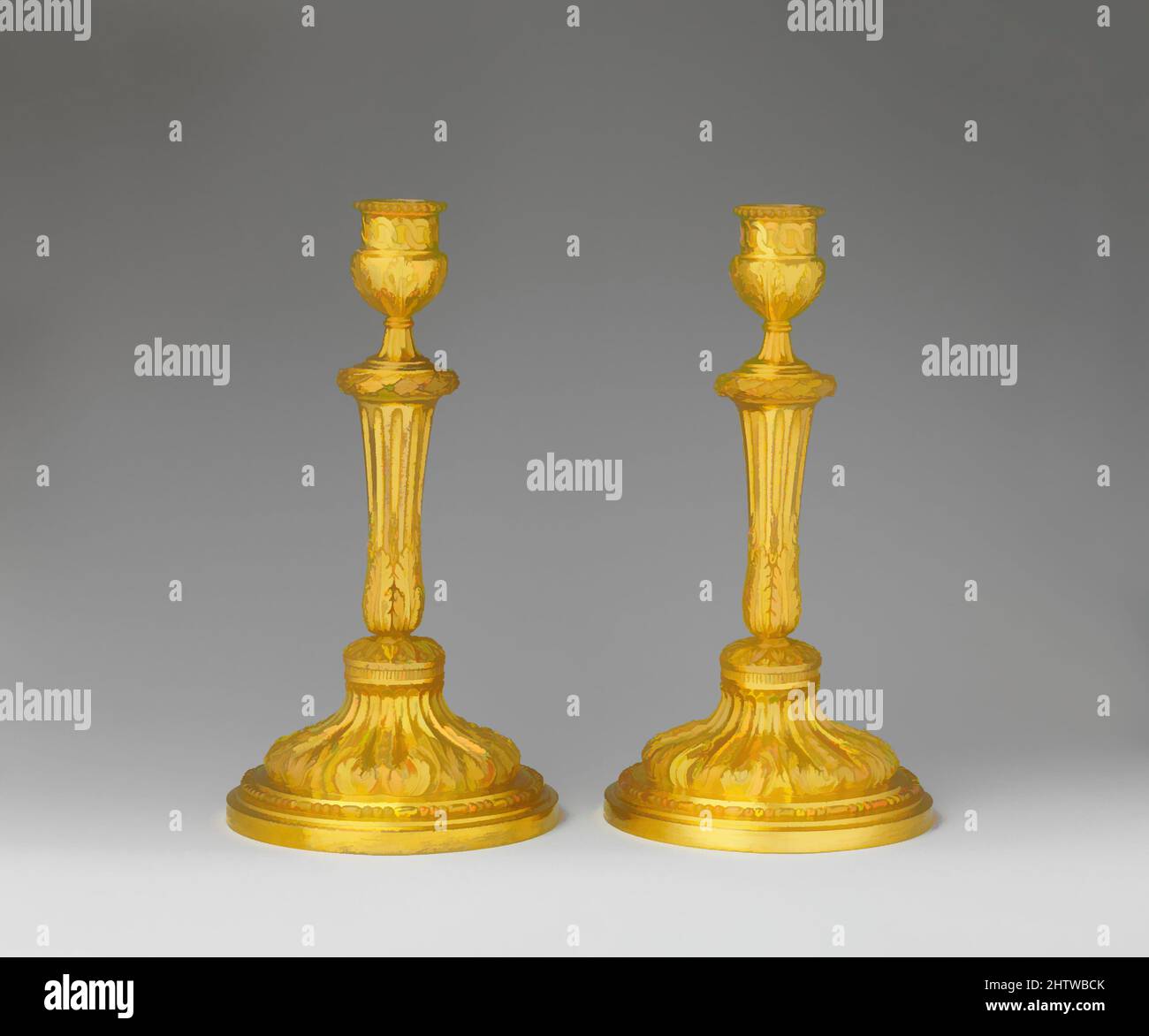 Art inspired by Pair of candlesticks, ca. 1770–75, French, Gilt bronze, Overall (confirmed): 10 1/2 x 5 5/8 in. (26.7 x 14.3 cm), Metalwork-Gilt Bronze, Classic works modernized by Artotop with a splash of modernity. Shapes, color and value, eye-catching visual impact on art. Emotions through freedom of artworks in a contemporary way. A timeless message pursuing a wildly creative new direction. Artists turning to the digital medium and creating the Artotop NFT Stock Photo