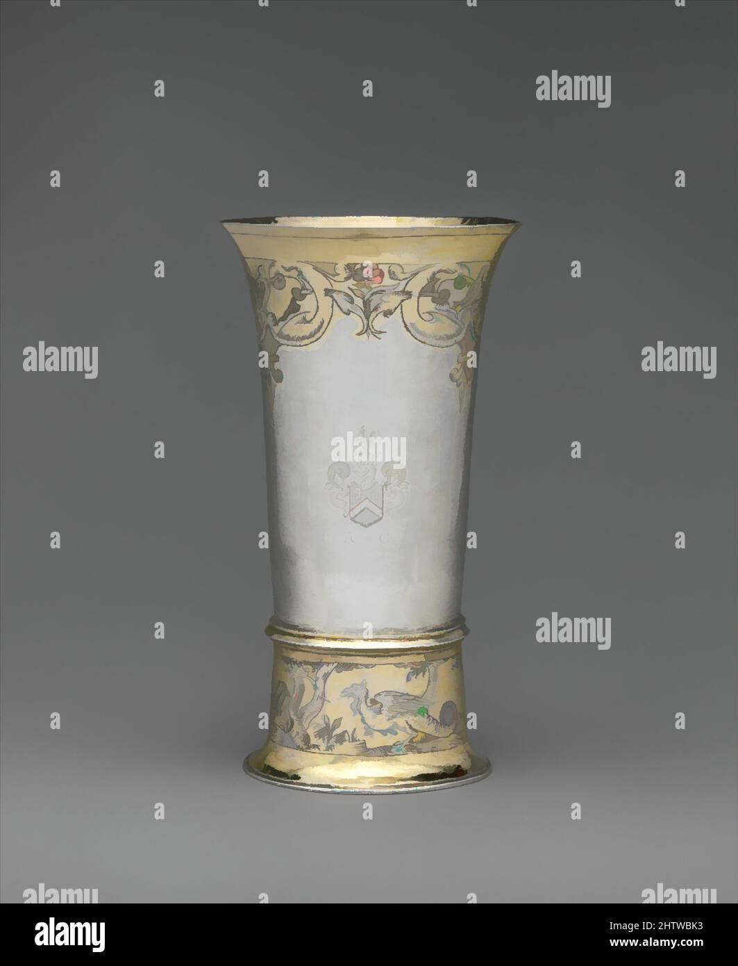 Art inspired by Footed beaker, first half 17th century, Hungarian, Brassó, Gilded silver, Overall: 5 3/16 x 2 7/8 in. (13.2 x 7.3 cm), Metalwork-Silver, Telling stories populated with mythological creatures—like those engraved on the base of this beaker—was a favorite pastime at social, Classic works modernized by Artotop with a splash of modernity. Shapes, color and value, eye-catching visual impact on art. Emotions through freedom of artworks in a contemporary way. A timeless message pursuing a wildly creative new direction. Artists turning to the digital medium and creating the Artotop NFT Stock Photo