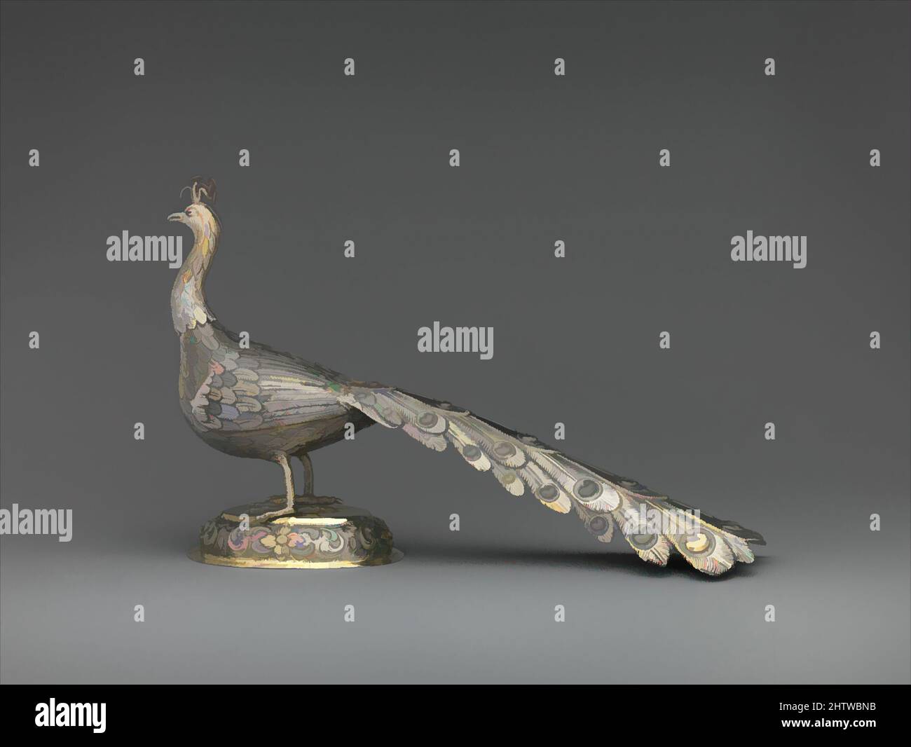 Art inspired by Table decoration in the form of a peacock, 1787, Hungarian, Munkács, Silver, partly gilded, Overall: 7 3/16 x 12 in. (18.3 x 30.5 cm), Metalwork-Silver, The peacock stands with its head slightly tilted, mischievously observing his surroundings. The artist has capture in, Classic works modernized by Artotop with a splash of modernity. Shapes, color and value, eye-catching visual impact on art. Emotions through freedom of artworks in a contemporary way. A timeless message pursuing a wildly creative new direction. Artists turning to the digital medium and creating the Artotop NFT Stock Photo