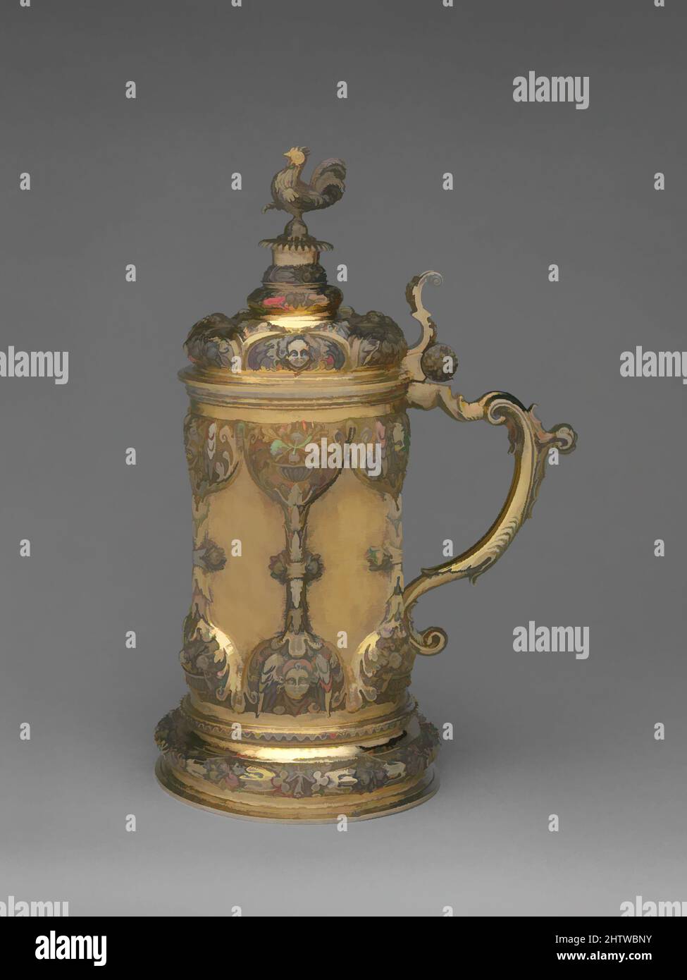Art inspired by Tankard, late 17th century, Hungarian, Brassó, Gilded silver, Overall: 11 3/4 x 5 1/4 in. (29.8 x 13.3 cm), Metalwork-Silver, It is unclear if this tankard was made for private use or if it was always intended to serve as a communion vessel, which was its function after, Classic works modernized by Artotop with a splash of modernity. Shapes, color and value, eye-catching visual impact on art. Emotions through freedom of artworks in a contemporary way. A timeless message pursuing a wildly creative new direction. Artists turning to the digital medium and creating the Artotop NFT Stock Photo