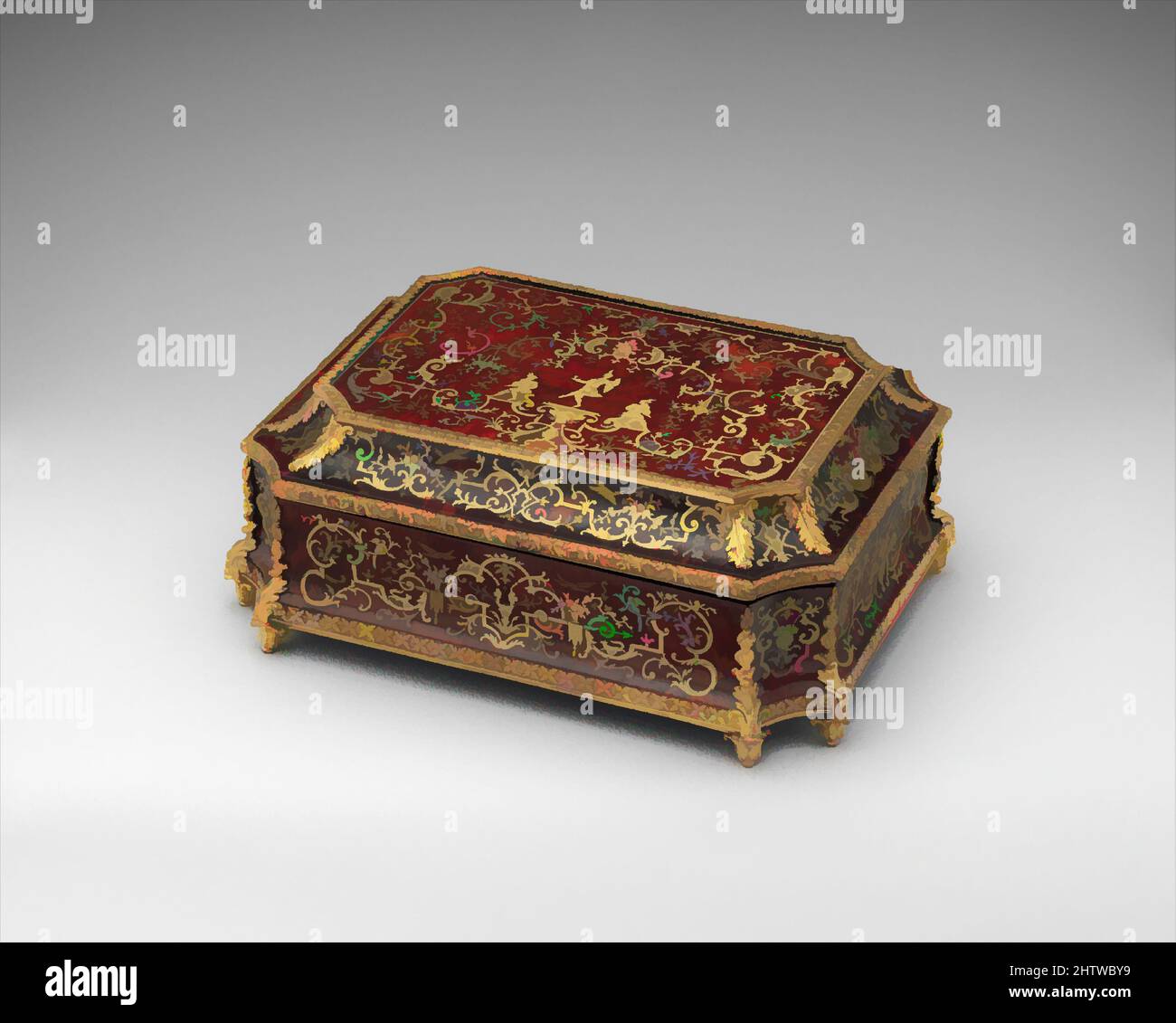 Art inspired by Toilet casket, 1700–1715, French, Wood veneered with marquetry of tortoiseshell and brass, rosewood; gilt bronze, steel, Overall (confirmed): 5 1/16 x 13 5/8 x 10 1/4 in. (12.9 x 34.6 x 26 cm), Woodwork, Known in French as a carré de toilette, this casket has canted, Classic works modernized by Artotop with a splash of modernity. Shapes, color and value, eye-catching visual impact on art. Emotions through freedom of artworks in a contemporary way. A timeless message pursuing a wildly creative new direction. Artists turning to the digital medium and creating the Artotop NFT Stock Photo