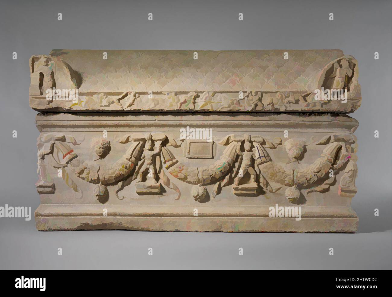 Art inspired by Marble sarcophagus with garlands, Severan, ca. A.D. 200–225, Roman, Marble, Proconnesian, Overall: 53 x 88in. (134.6 x 223.5cm), Stone Sculpture, The back and cover of this sarcophagus are unfinished, and its inscription tablet is blank, which may imply that it went, Classic works modernized by Artotop with a splash of modernity. Shapes, color and value, eye-catching visual impact on art. Emotions through freedom of artworks in a contemporary way. A timeless message pursuing a wildly creative new direction. Artists turning to the digital medium and creating the Artotop NFT Stock Photo
