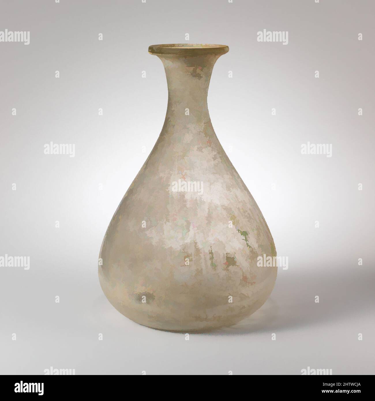 Art inspired by Glass flask, Mid Imperial, 2nd–3rd century A.D., Roman, Glass; blown, 9 in. (22.9 cm), Glass, Colorless. Thick rim, with vertical outer edge, angular upper lip, and pressed into sides of flaring mouth; funnel-shaped neck, then expanding downwards to join large piriform, Classic works modernized by Artotop with a splash of modernity. Shapes, color and value, eye-catching visual impact on art. Emotions through freedom of artworks in a contemporary way. A timeless message pursuing a wildly creative new direction. Artists turning to the digital medium and creating the Artotop NFT Stock Photo