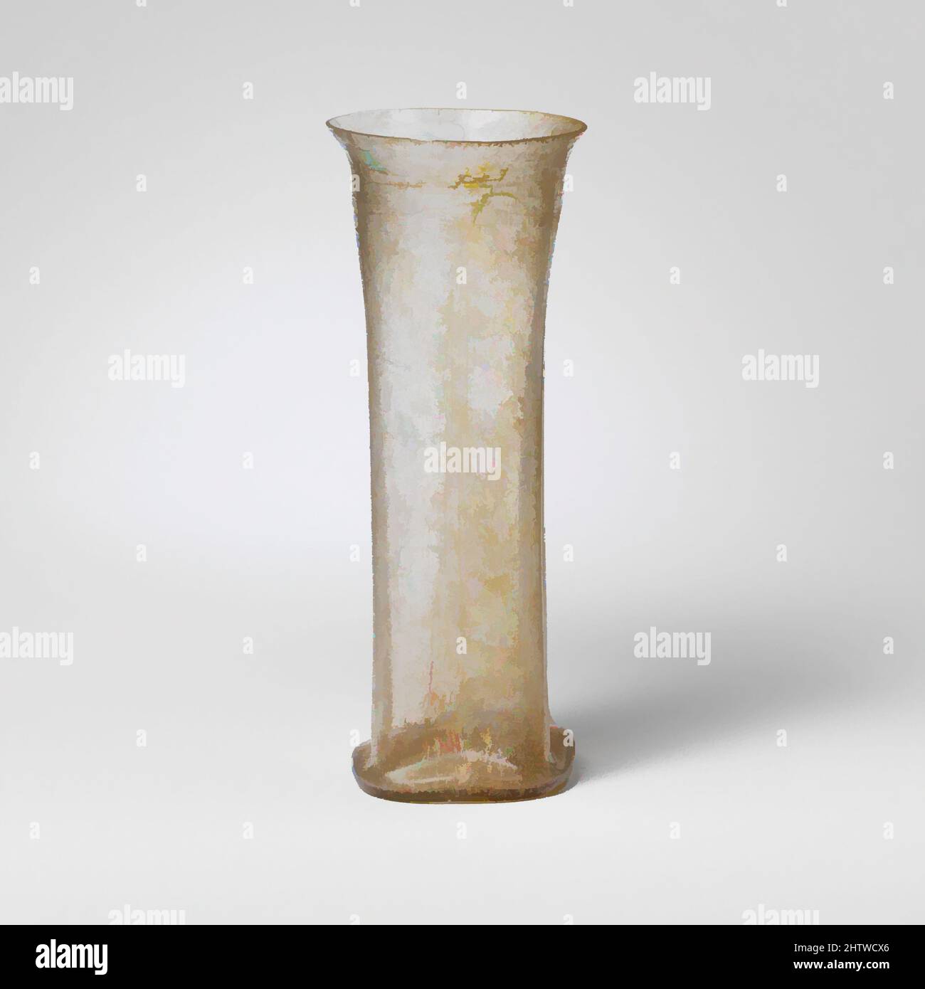 Art inspired by Glass beaker, Mid Imperial, 2nd–3rd century A.D., Roman, Glass; blown and cut, Overall: 5 5/8in. (14.3cm), Glass, Tall, slender beaker Colorless Knocked-off, uneven, flaring rim; four-sided body; sides tapering slightly downward, with rounded corners and bulging pad at, Classic works modernized by Artotop with a splash of modernity. Shapes, color and value, eye-catching visual impact on art. Emotions through freedom of artworks in a contemporary way. A timeless message pursuing a wildly creative new direction. Artists turning to the digital medium and creating the Artotop NFT Stock Photo