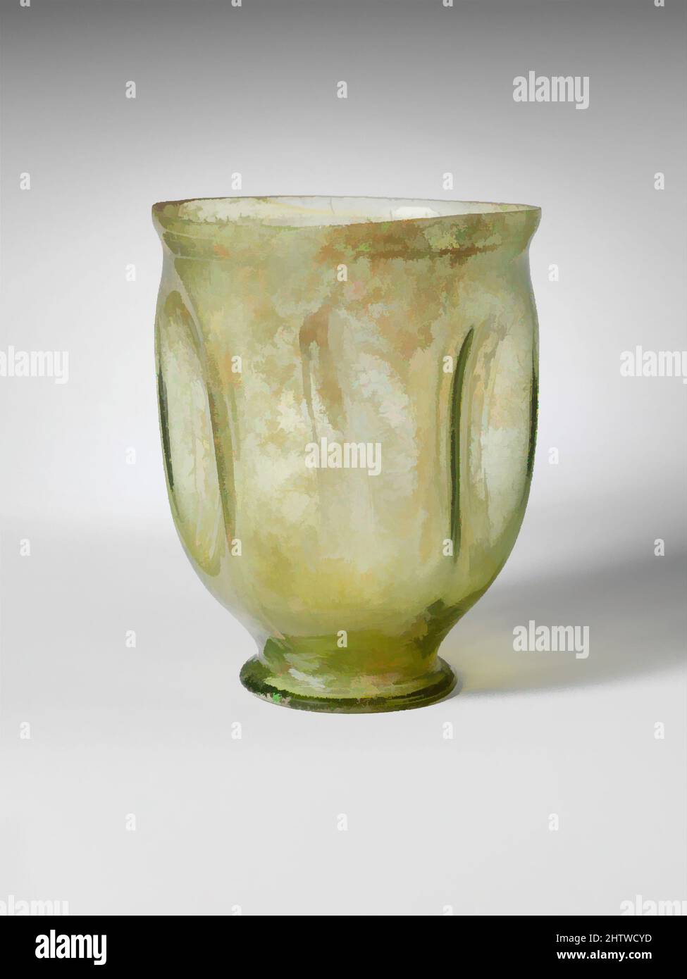 Art inspired by Glass beaker, Mid Imperial, mid–late 2nd century A.D., Roman, Cypriot, Glass; blown, cut, and tooled, Height: 3 7/16 in. (8.8 cm), Glass, Translucent yellow green. Uneven, knocked-off rim, with bulging collar beneath; cylindrical sides to body, curving in to integral, Classic works modernized by Artotop with a splash of modernity. Shapes, color and value, eye-catching visual impact on art. Emotions through freedom of artworks in a contemporary way. A timeless message pursuing a wildly creative new direction. Artists turning to the digital medium and creating the Artotop NFT Stock Photo