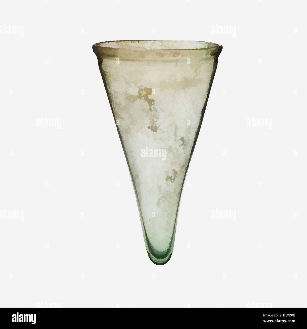 Art inspired by Glass lamp, Late Imperial, 4th century A.D., Roman, Glass; blown, Height: 5 3/4 in. (14.6 cm), Glass, Translucent pale green with bluish tinge Unworked, uneven, knocked off rim; narrow bulging collar below; almost straight sides tapering to pointed, thick bottom, with, Classic works modernized by Artotop with a splash of modernity. Shapes, color and value, eye-catching visual impact on art. Emotions through freedom of artworks in a contemporary way. A timeless message pursuing a wildly creative new direction. Artists turning to the digital medium and creating the Artotop NFT Stock Photo