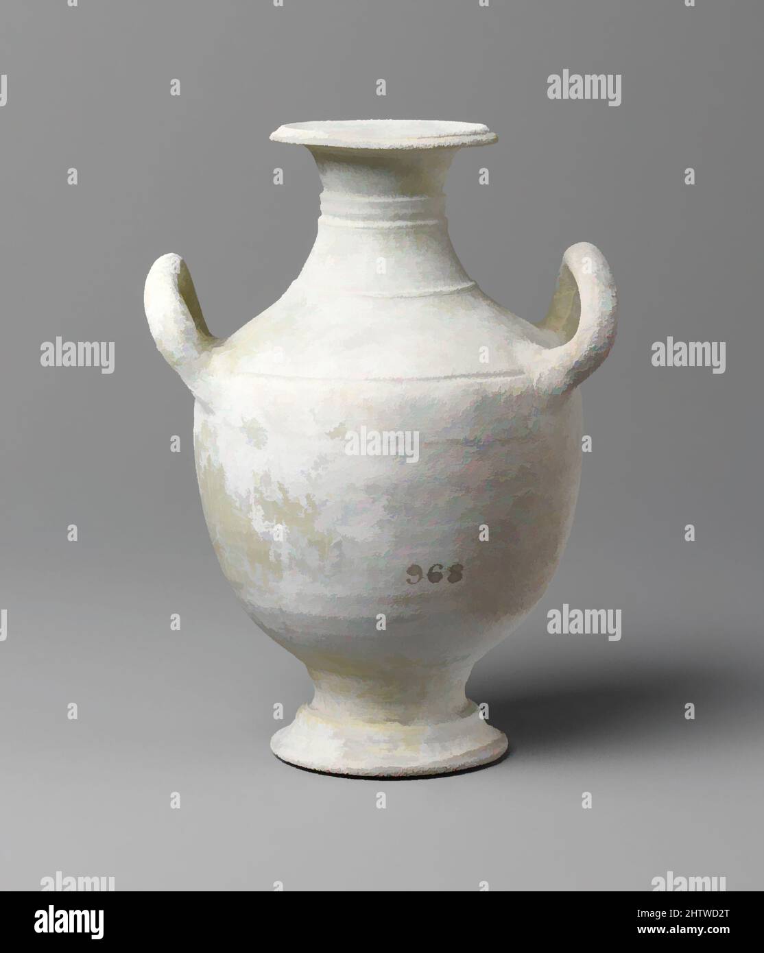 Art inspired by Terracotta amphora, Hellenistic, late 4th century B.C., Greek, Cypriot, Terracotta, h. 6 3/16 in. (15.7 cm), Vases, This diminutive amphora is in the 'unpainted white ware' style, a descriptive term that calls attention to the plain light colored ground that lacks, Classic works modernized by Artotop with a splash of modernity. Shapes, color and value, eye-catching visual impact on art. Emotions through freedom of artworks in a contemporary way. A timeless message pursuing a wildly creative new direction. Artists turning to the digital medium and creating the Artotop NFT Stock Photo