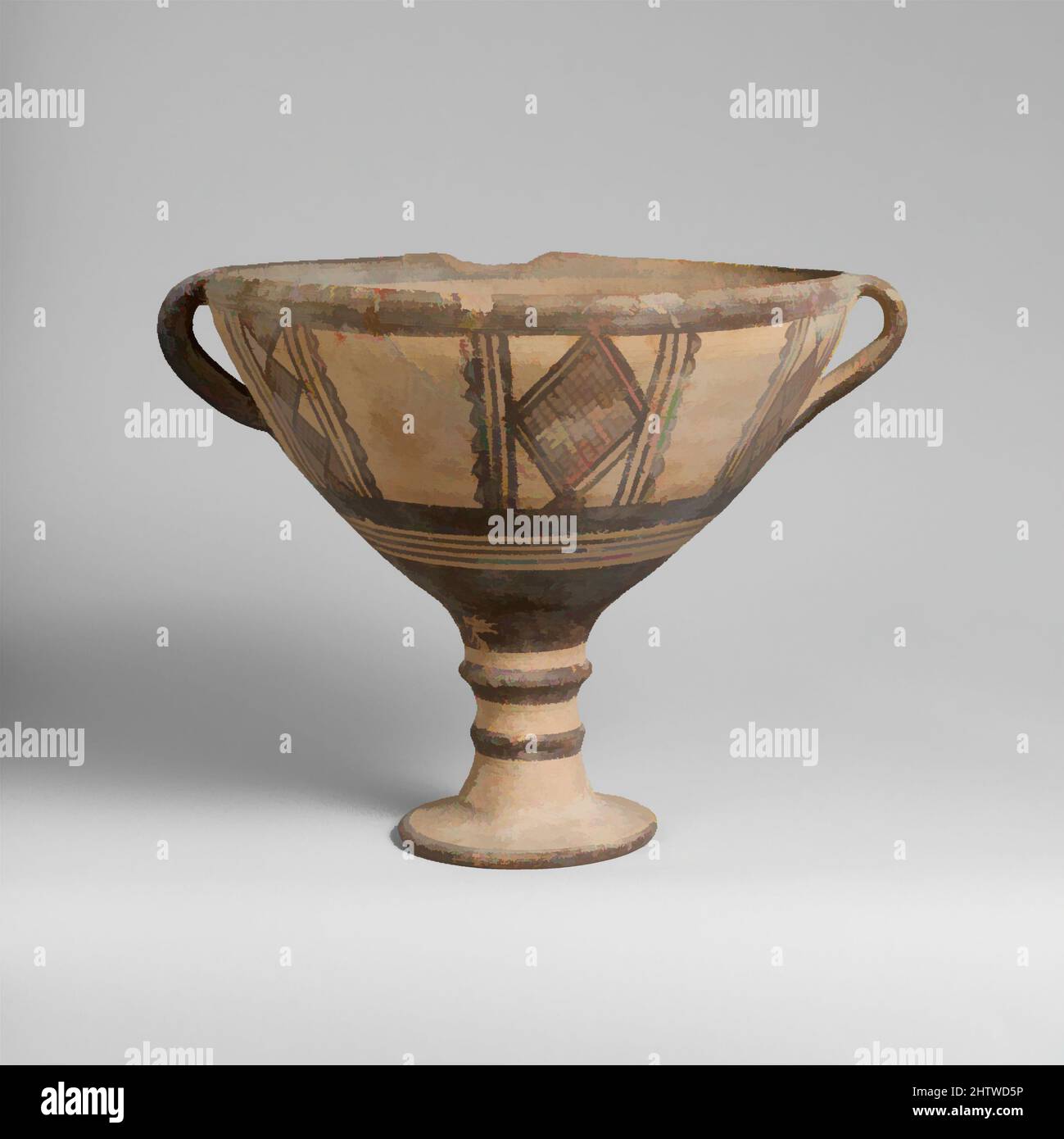 Art inspired by Terracotta stemmed cup, Cypro-Geometric I, 1050–950 B.C., Cypriot, Terracotta, H. 6 3/4 in. (17.2 cm); diameter 7 5/16 in. (18.6 cm), Vases, High foot, with lattice designs in panels, Classic works modernized by Artotop with a splash of modernity. Shapes, color and value, eye-catching visual impact on art. Emotions through freedom of artworks in a contemporary way. A timeless message pursuing a wildly creative new direction. Artists turning to the digital medium and creating the Artotop NFT Stock Photo