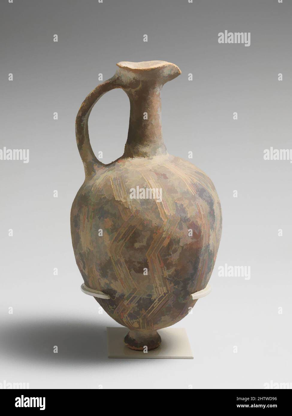 Art inspired by Terracotta jug, Middle Cypriot III, ca. 1725–1600 B.C., Cypriot, Terracotta; Black Slip Ware, H. 5 3/16 in. (13.2 cm), Vases, This type of vase, with a long narrow neck and funnel spout, may have contained perfumed oils. The shape and engraved decoration were probably, Classic works modernized by Artotop with a splash of modernity. Shapes, color and value, eye-catching visual impact on art. Emotions through freedom of artworks in a contemporary way. A timeless message pursuing a wildly creative new direction. Artists turning to the digital medium and creating the Artotop NFT Stock Photo