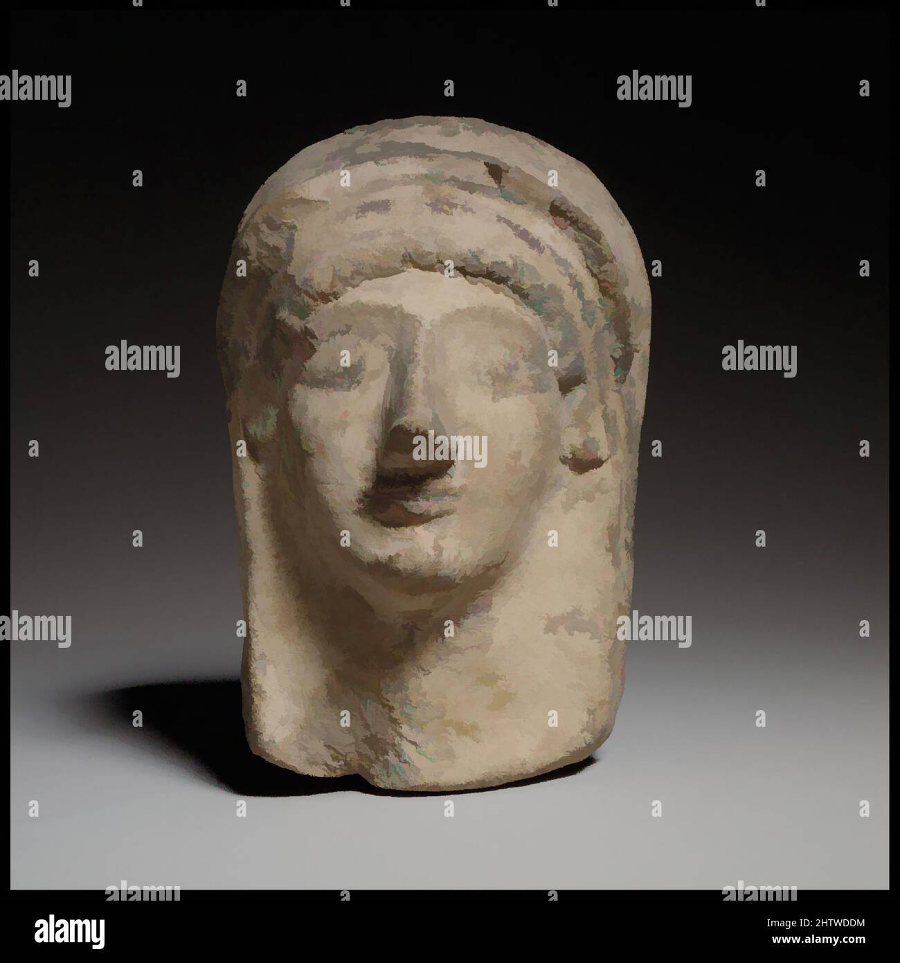 Art inspired by Female protome-mask, Late Cypro-Archaic II, end of the 6th century B.C., Cypriot, Terracotta; mold-made, H. 5 5/16 in. (13.5 cm), Terracottas, The protome-mask is mold-made. It has a pointed nose, a prominent chin, large eyes, and ridged eyebrows. A fringe of curly hair, Classic works modernized by Artotop with a splash of modernity. Shapes, color and value, eye-catching visual impact on art. Emotions through freedom of artworks in a contemporary way. A timeless message pursuing a wildly creative new direction. Artists turning to the digital medium and creating the Artotop NFT Stock Photo