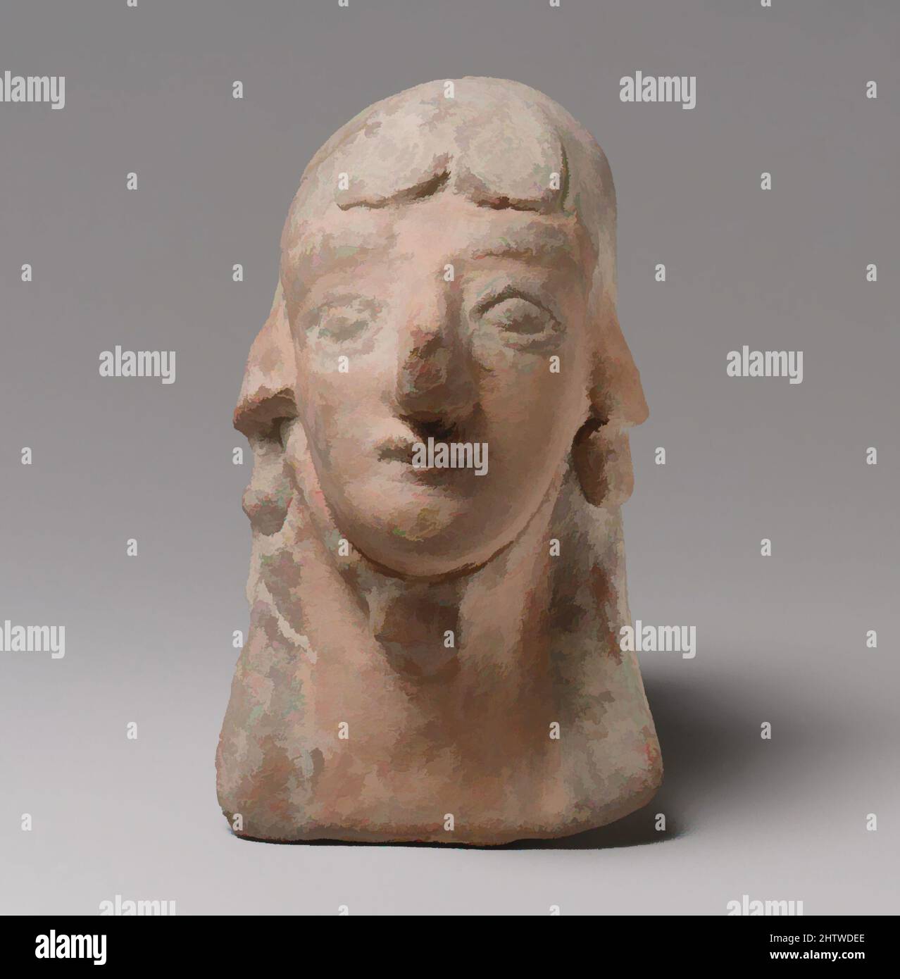 Art inspired by Female protome-mask, Cypro-Archaic II, ca. 600–480 B.C., Cypriot, Terracotta; mold-made and hand-made, H. 4 in. (10.2 cm), Terracottas, The protome-mask has a mold-made face. The flat neck and upper chest are handmade. There is a perforation behind each ear and another, Classic works modernized by Artotop with a splash of modernity. Shapes, color and value, eye-catching visual impact on art. Emotions through freedom of artworks in a contemporary way. A timeless message pursuing a wildly creative new direction. Artists turning to the digital medium and creating the Artotop NFT Stock Photo