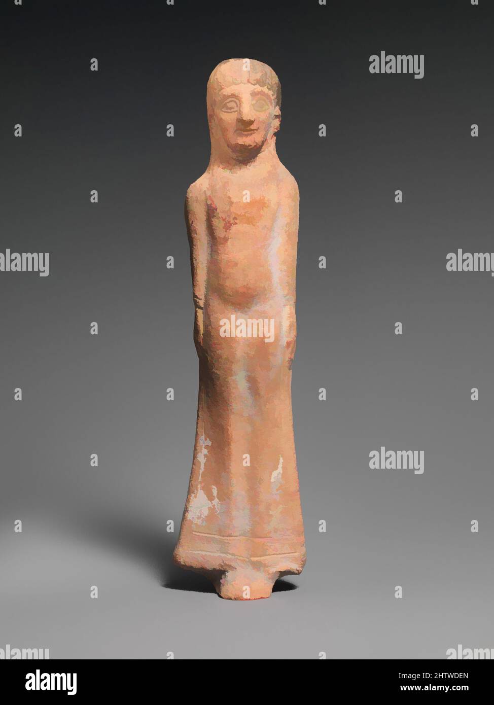 Art inspired by Terracotta woman, Cypro-Archaic II, ca. 600–480 B.C., Cypriot, Terracotta; mold-made, H. 9 3/16 in. (23.4 cm), Terracottas, The solid figurine is mold-made. The back is flat. She wears a clinging dress that is loose at the bottom, showing her legs, Classic works modernized by Artotop with a splash of modernity. Shapes, color and value, eye-catching visual impact on art. Emotions through freedom of artworks in a contemporary way. A timeless message pursuing a wildly creative new direction. Artists turning to the digital medium and creating the Artotop NFT Stock Photo