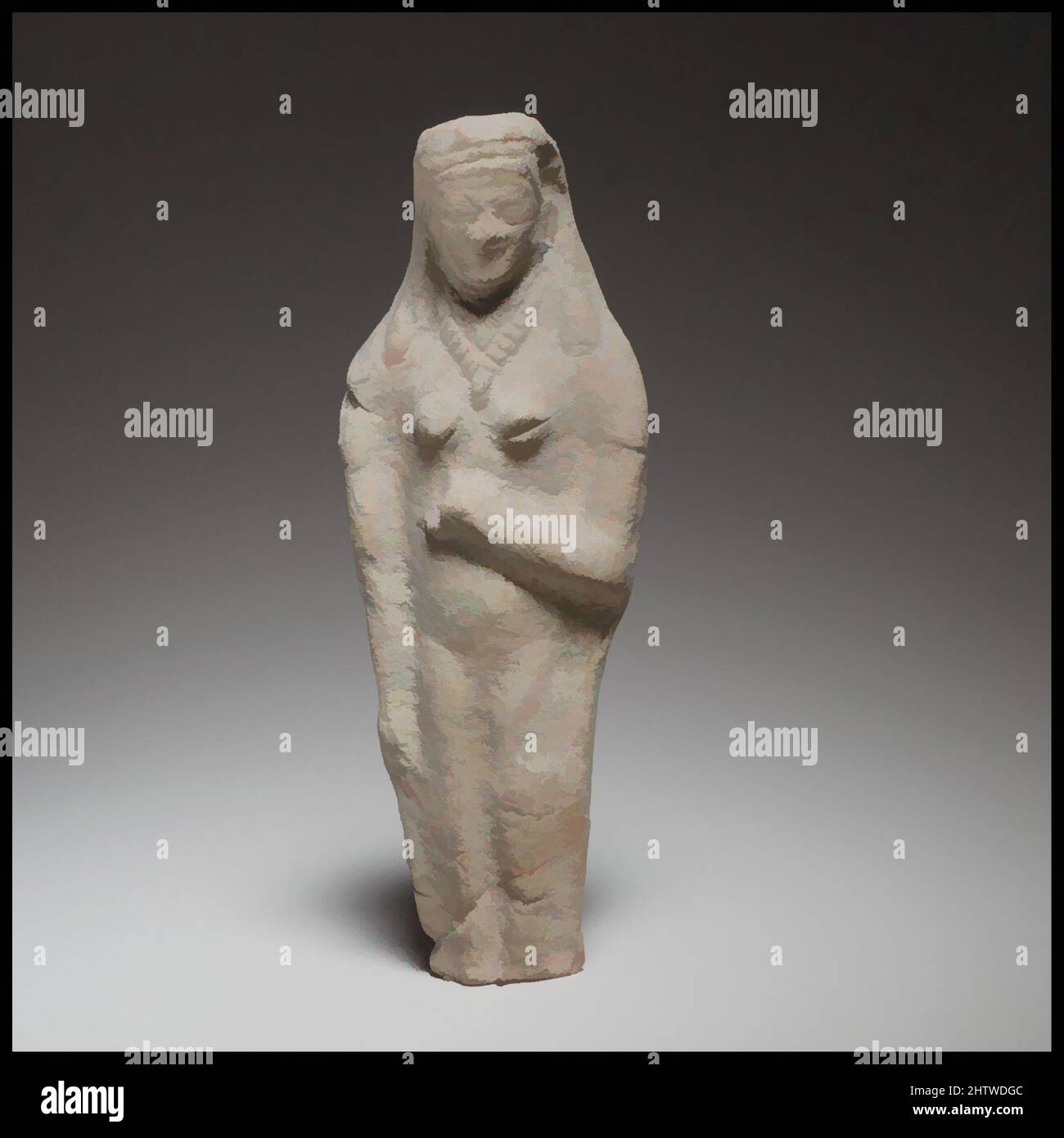 Art inspired by Standing female figurine, Cypro-Archaic II, ca. 600–480 B.C., Cypriot, Terracotta; mold-made, H. 6 1/16 in. (15.4 cm), Terracottas, The figurine is mold-made and solid, with a flat back. Her feet and left hand have broken off. The back of her head is oblique, Classic works modernized by Artotop with a splash of modernity. Shapes, color and value, eye-catching visual impact on art. Emotions through freedom of artworks in a contemporary way. A timeless message pursuing a wildly creative new direction. Artists turning to the digital medium and creating the Artotop NFT Stock Photo