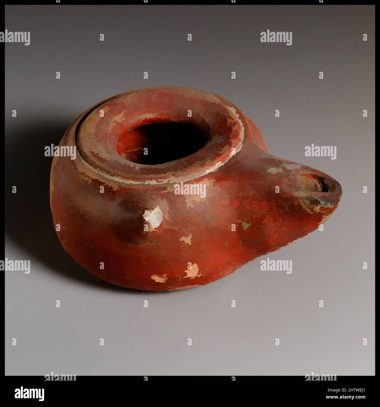 Art inspired by Lamp, Greek or Roman, Terracotta, Overall: 1 1/2 x 3 1/4 in. (3.8 x 8.3 cm), Terracottas, Classic works modernized by Artotop with a splash of modernity. Shapes, color and value, eye-catching visual impact on art. Emotions through freedom of artworks in a contemporary way. A timeless message pursuing a wildly creative new direction. Artists turning to the digital medium and creating the Artotop NFT Stock Photo