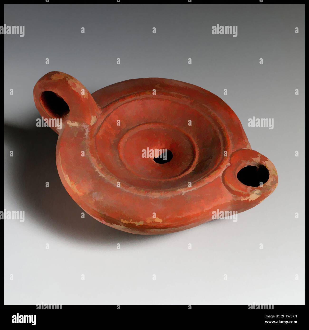 Art inspired by Lamp, Roman, Cypriot, Terracotta, Overall: 1 5/8 x 3 1/2 in. (4.1 x 8.9 cm), Terracottas, Classic works modernized by Artotop with a splash of modernity. Shapes, color and value, eye-catching visual impact on art. Emotions through freedom of artworks in a contemporary way. A timeless message pursuing a wildly creative new direction. Artists turning to the digital medium and creating the Artotop NFT Stock Photo