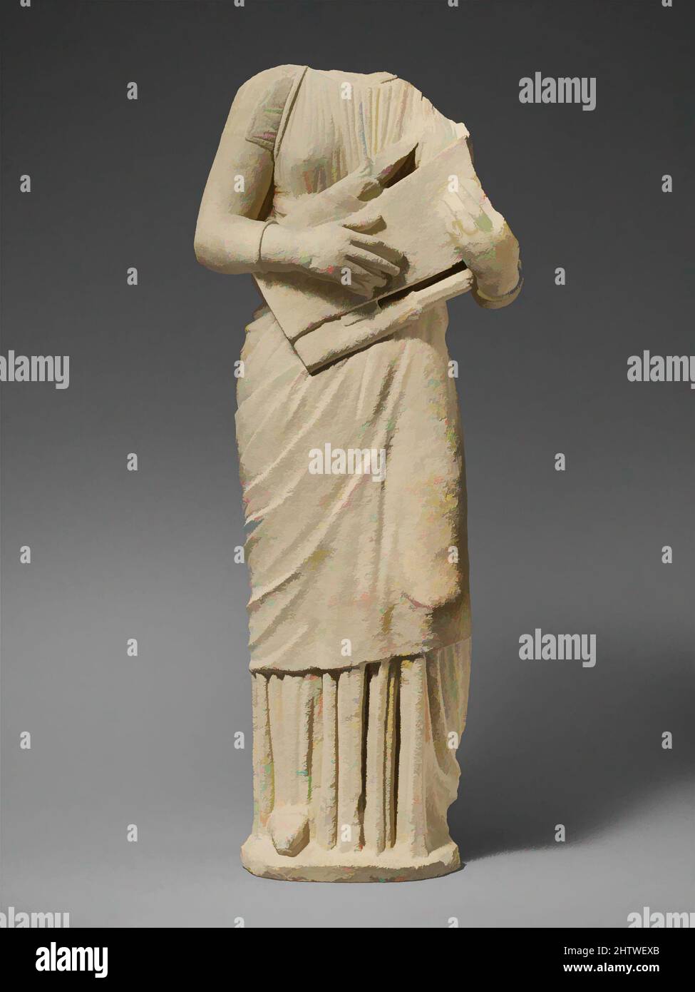 Art inspired by Limestone statue of a female lyre player, Hellenistic, Cypriot, Limestone, Overall: 34 3/4 x 13 3/4 x 7 3/8 in. (88.3 x 34.9 x 18.7 cm), Stone Sculpture, This work is distinguished by its size and the quality of execution, Classic works modernized by Artotop with a splash of modernity. Shapes, color and value, eye-catching visual impact on art. Emotions through freedom of artworks in a contemporary way. A timeless message pursuing a wildly creative new direction. Artists turning to the digital medium and creating the Artotop NFT Stock Photo