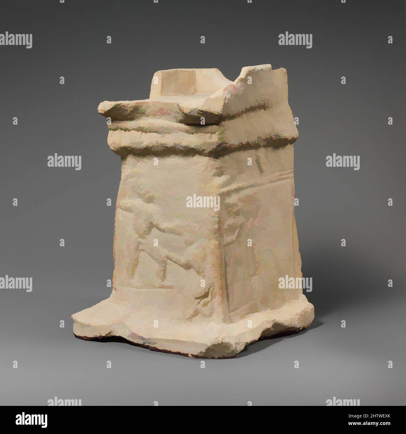 Art inspired by Limestone altar, Classical, late 5th century B.C., Cypriot, Limestone, Overall: 10 1/8 × 7 × 7 in. (25.7 cm), Stone Sculpture, On the front, Herakles fighting the Nemean lion. On the adjacent sides, two female votaries, Classic works modernized by Artotop with a splash of modernity. Shapes, color and value, eye-catching visual impact on art. Emotions through freedom of artworks in a contemporary way. A timeless message pursuing a wildly creative new direction. Artists turning to the digital medium and creating the Artotop NFT Stock Photo
