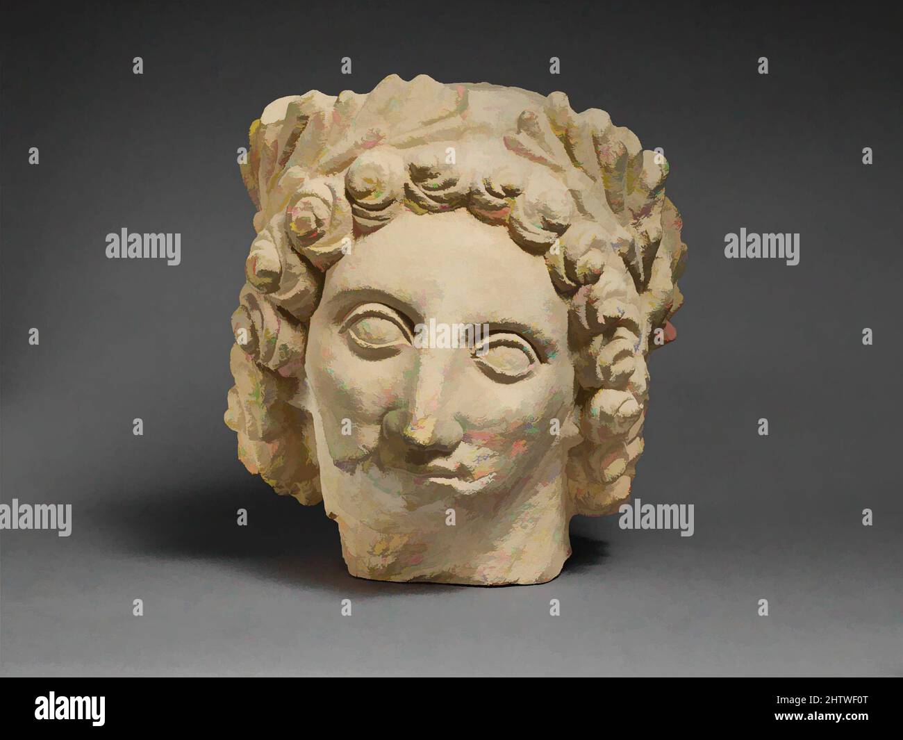 Art inspired by Limestone head of Apollo, Hellenistic, Cypriot, Limestone, Overall: 12 x 11 1/2 x 11 1/2 in. (30.5 x 29.2 x 29.2 cm), Stone Sculpture, Colossal head with wreath of leaves, intended to represent Alexander the Great, Classic works modernized by Artotop with a splash of modernity. Shapes, color and value, eye-catching visual impact on art. Emotions through freedom of artworks in a contemporary way. A timeless message pursuing a wildly creative new direction. Artists turning to the digital medium and creating the Artotop NFT Stock Photo