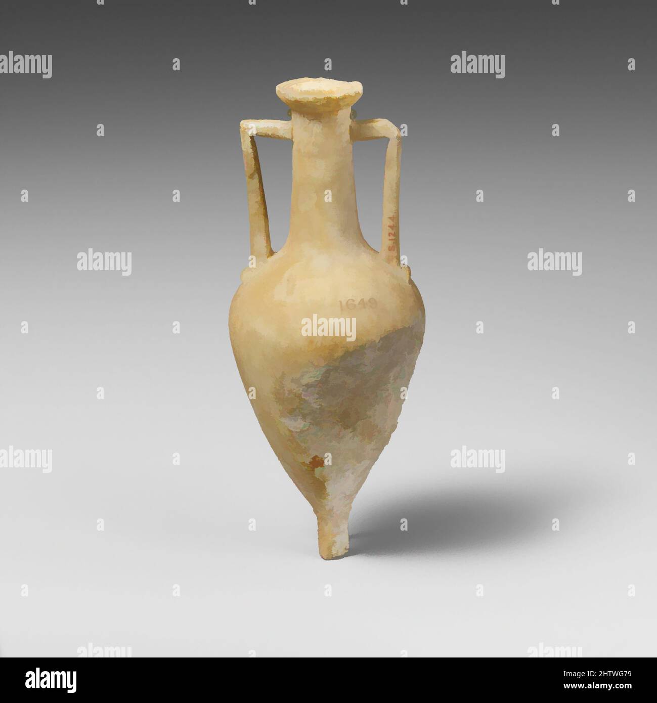 Art inspired by Alabaster amphoriskos (small flask), Hellenistic, 310–30 B.C., Cypriot, Gypsum (alabaster), H. 5 1/4 x 2 1/8 in. (13.3 x 5.4 cm), Miscellaneous-Stone Vases, With long neck, high handles and pointed base, Classic works modernized by Artotop with a splash of modernity. Shapes, color and value, eye-catching visual impact on art. Emotions through freedom of artworks in a contemporary way. A timeless message pursuing a wildly creative new direction. Artists turning to the digital medium and creating the Artotop NFT Stock Photo