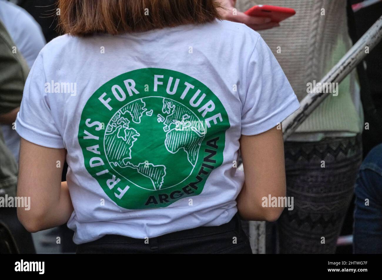 CABA, Buenos Aires, Argentina; Sept 24, 2021: Global Climate Strike, unrecognizable female activist from the environmental movement Fridays for future Stock Photo
