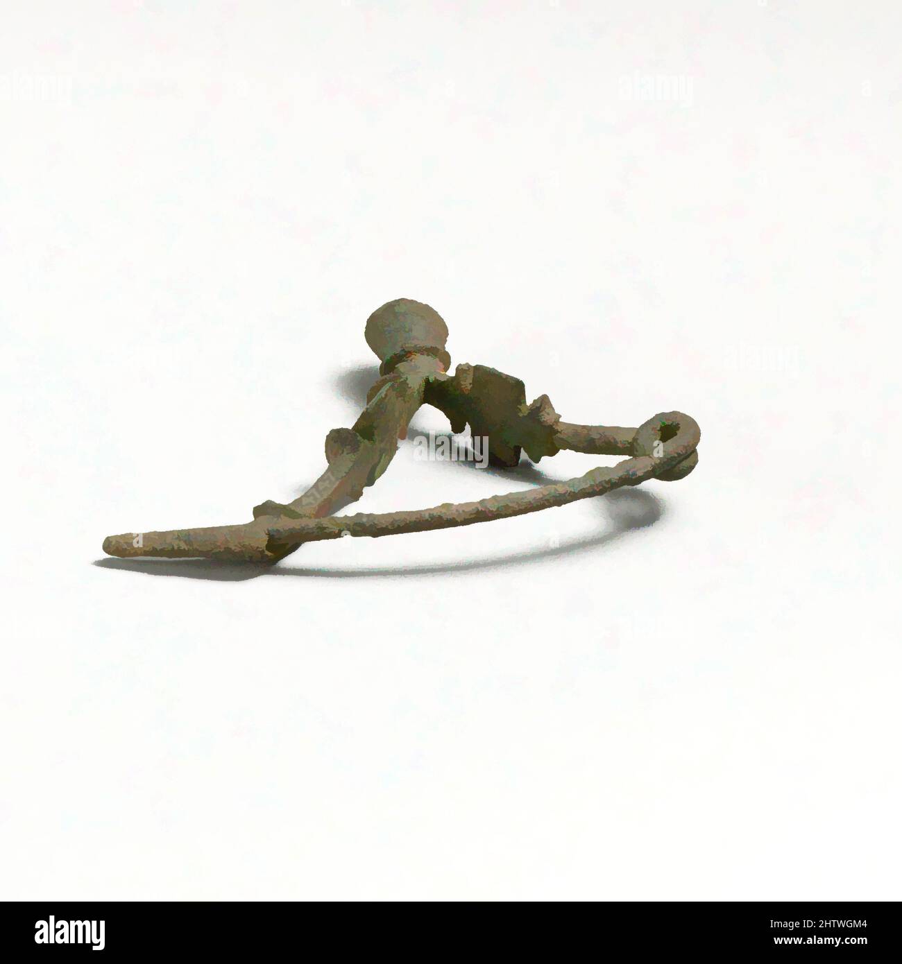 Art inspired by Bronze fibula (safety pin), Geometric, ca. 8th century B.C., Cypriot, Bronze, length 3 5/8in. (9.2cm), Bronzes, Bow bent up at an angle, knob on top slightly flattened with a small collar; head formed by a spiral of one turn. Fibulas of this type are purely Cypriot, Classic works modernized by Artotop with a splash of modernity. Shapes, color and value, eye-catching visual impact on art. Emotions through freedom of artworks in a contemporary way. A timeless message pursuing a wildly creative new direction. Artists turning to the digital medium and creating the Artotop NFT Stock Photo