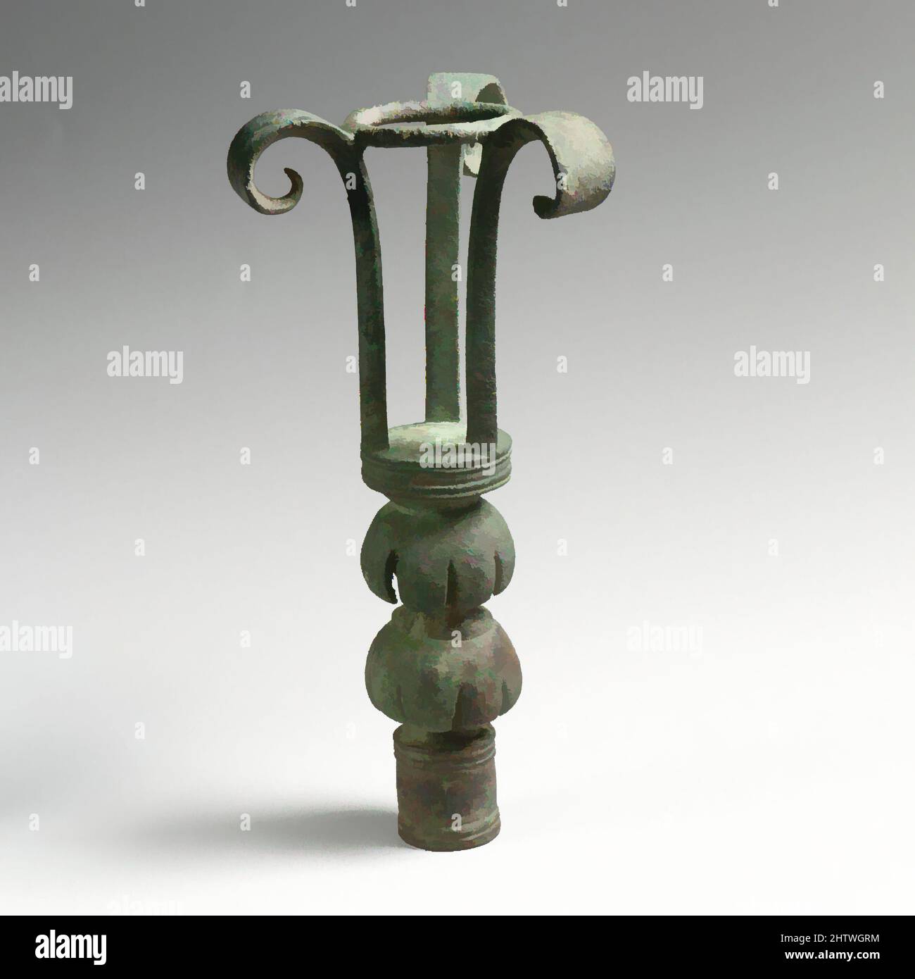 Art inspired by Bronze lampstand, Cypro-Archaic, 6th century B.C., Cypriot, Bronze, H.: 8 in. (20.3 cm), Bronzes, Short stem decorated with two rows of lotus petals, Classic works modernized by Artotop with a splash of modernity. Shapes, color and value, eye-catching visual impact on art. Emotions through freedom of artworks in a contemporary way. A timeless message pursuing a wildly creative new direction. Artists turning to the digital medium and creating the Artotop NFT Stock Photo