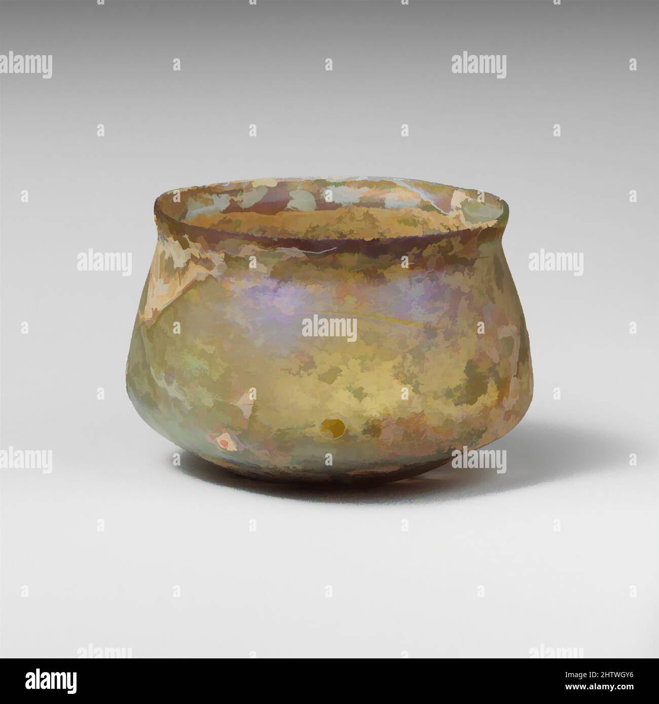 Art inspired by Glass cup, Mid Imperial, 2nd–3rd century A.D., Roman, Glass; blown and cut, Height: 2 3/8in. (6.1cm), Glass, Uncertain, probably colorless with pale blue green tinge. Knocked-off, uneven rim; slightly bulging collar below rim; sides expanding downward, then angled in to, Classic works modernized by Artotop with a splash of modernity. Shapes, color and value, eye-catching visual impact on art. Emotions through freedom of artworks in a contemporary way. A timeless message pursuing a wildly creative new direction. Artists turning to the digital medium and creating the Artotop NFT Stock Photo