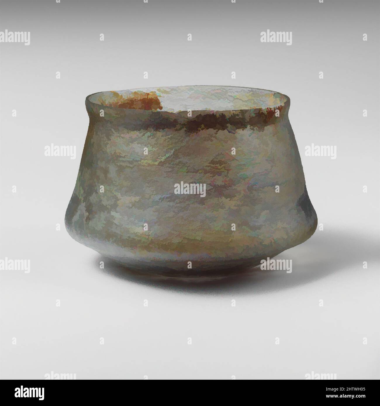 Art inspired by Glass cup, Mid Imperial, 2nd–3rd century A.D., Roman, Glass; blown, Overall: 2 3/16in. (5.5cm), Glass, Translucent pale blue green. Knocked-off, uneven rim; slightly bulging collar below rim; straight sides expanding downward, with pronounced projecting ridge below, Classic works modernized by Artotop with a splash of modernity. Shapes, color and value, eye-catching visual impact on art. Emotions through freedom of artworks in a contemporary way. A timeless message pursuing a wildly creative new direction. Artists turning to the digital medium and creating the Artotop NFT Stock Photo