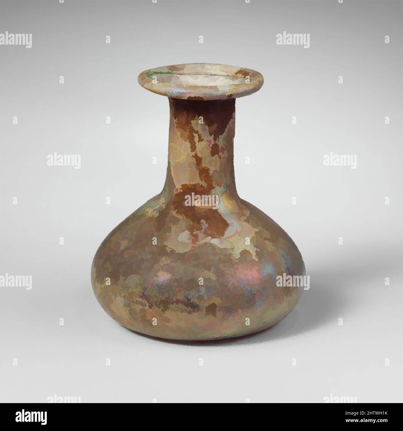 Art inspired by Glass perfume bottle, Mid Imperial, 2nd–3rd century A.D., Roman, Glass; blown, Overall: 2 9/16 in. (6.5 cm), Glass, Colourless. Rounded rim, folded out, down, over, and in, and smoothed into surface of flaring mouth; cylindrical neck; squat bulbous body; bottom with, Classic works modernized by Artotop with a splash of modernity. Shapes, color and value, eye-catching visual impact on art. Emotions through freedom of artworks in a contemporary way. A timeless message pursuing a wildly creative new direction. Artists turning to the digital medium and creating the Artotop NFT Stock Photo