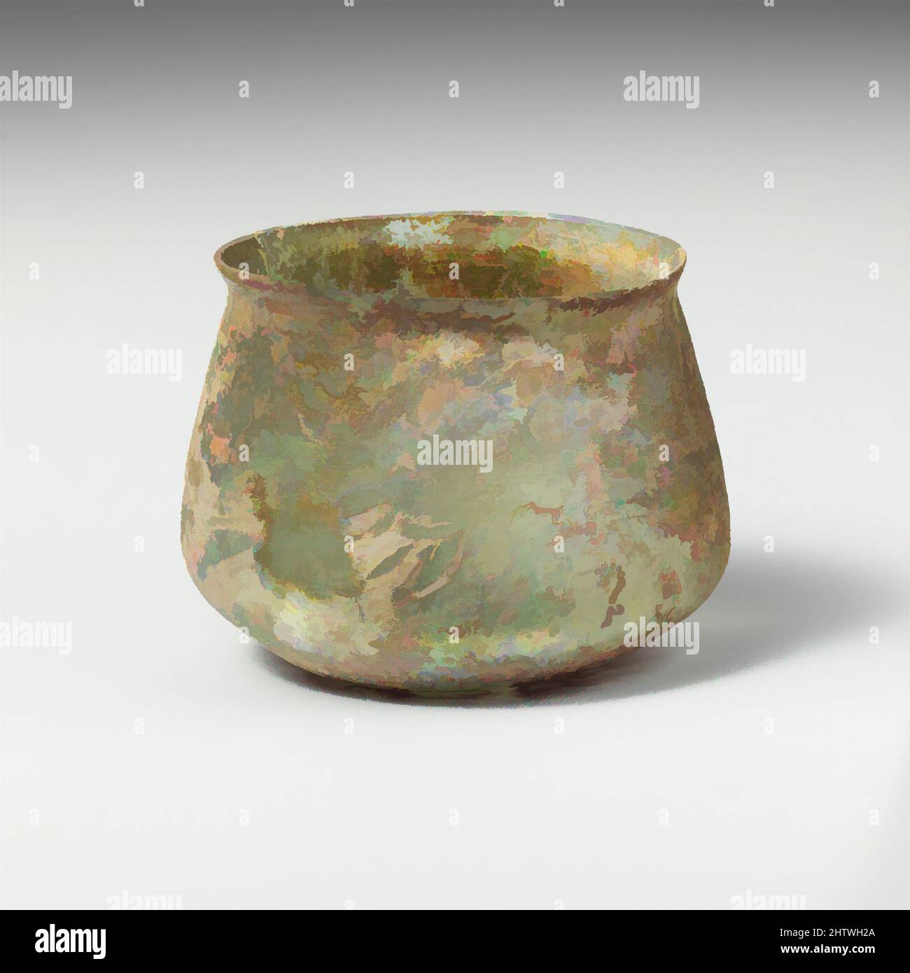 Art inspired by Glass cup, Mid Imperial, 2nd–3rd century A.D., Roman, Glass; blown and cut, Overall: 2 3/4in. (6.9cm), Glass, Colorless with blue green tinge. Knocked-off, uneven rim; slightly bulging collar below rim; sides expanding downward, then angled in to join bottom with pushed, Classic works modernized by Artotop with a splash of modernity. Shapes, color and value, eye-catching visual impact on art. Emotions through freedom of artworks in a contemporary way. A timeless message pursuing a wildly creative new direction. Artists turning to the digital medium and creating the Artotop NFT Stock Photo