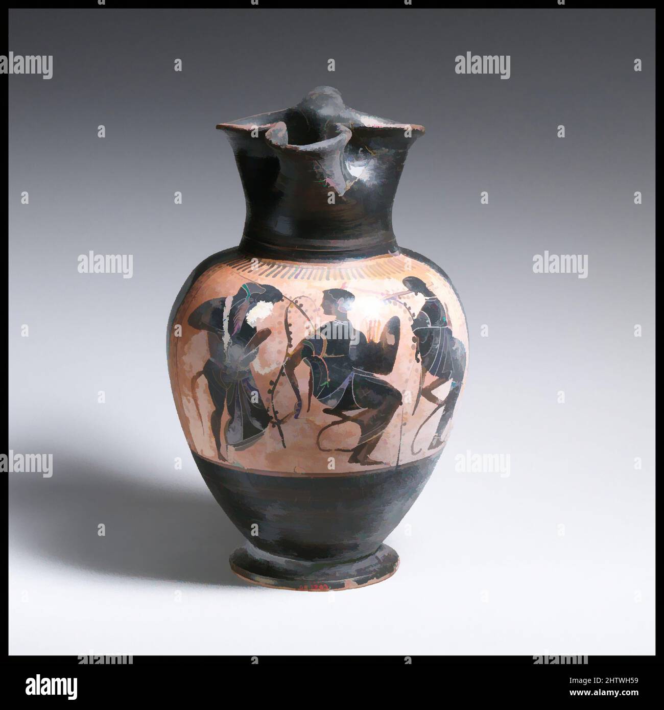 Art inspired by Oinochoe, Archaic, last quarter of the 6th century B.C., Greek, Attic, Terracotta; black-figure, Other: 8 1/2 × 5 1/2 × 3 1/8 in. (21.6 × 13.9 × 8 cm), Vases, Classic works modernized by Artotop with a splash of modernity. Shapes, color and value, eye-catching visual impact on art. Emotions through freedom of artworks in a contemporary way. A timeless message pursuing a wildly creative new direction. Artists turning to the digital medium and creating the Artotop NFT Stock Photo