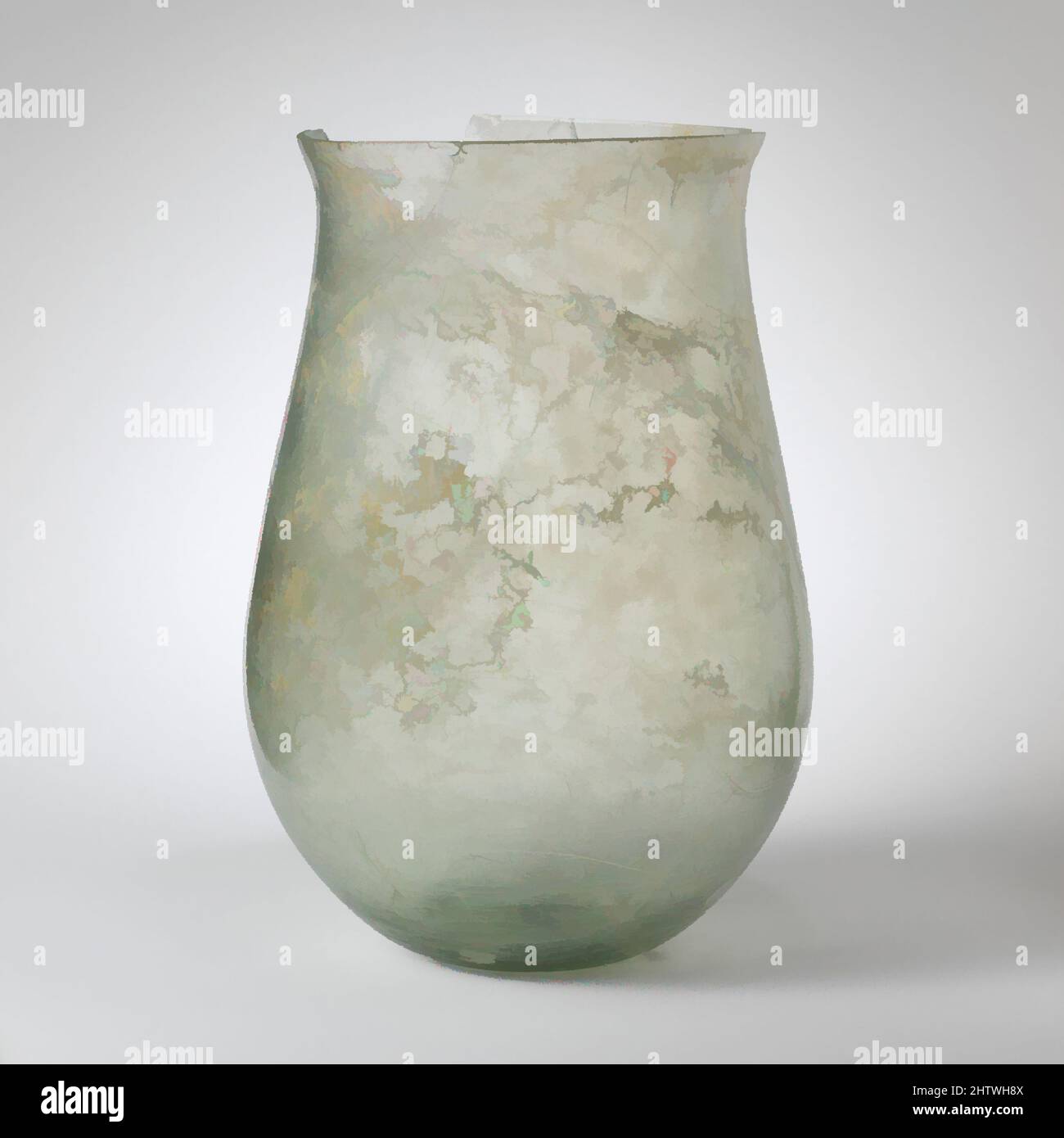 Art inspired by Glass jar, Imperial, 1st–3rd century A.D., Roman, Glass; blown and cut, H.: 10 1/16 in. (25.6 cm), Glass, Translucent pale green. Uneven, ground rim with short bulging neck below; sack-shaped body; thick bottom with small central kick and pontil scar. Ten bands of, Classic works modernized by Artotop with a splash of modernity. Shapes, color and value, eye-catching visual impact on art. Emotions through freedom of artworks in a contemporary way. A timeless message pursuing a wildly creative new direction. Artists turning to the digital medium and creating the Artotop NFT Stock Photo