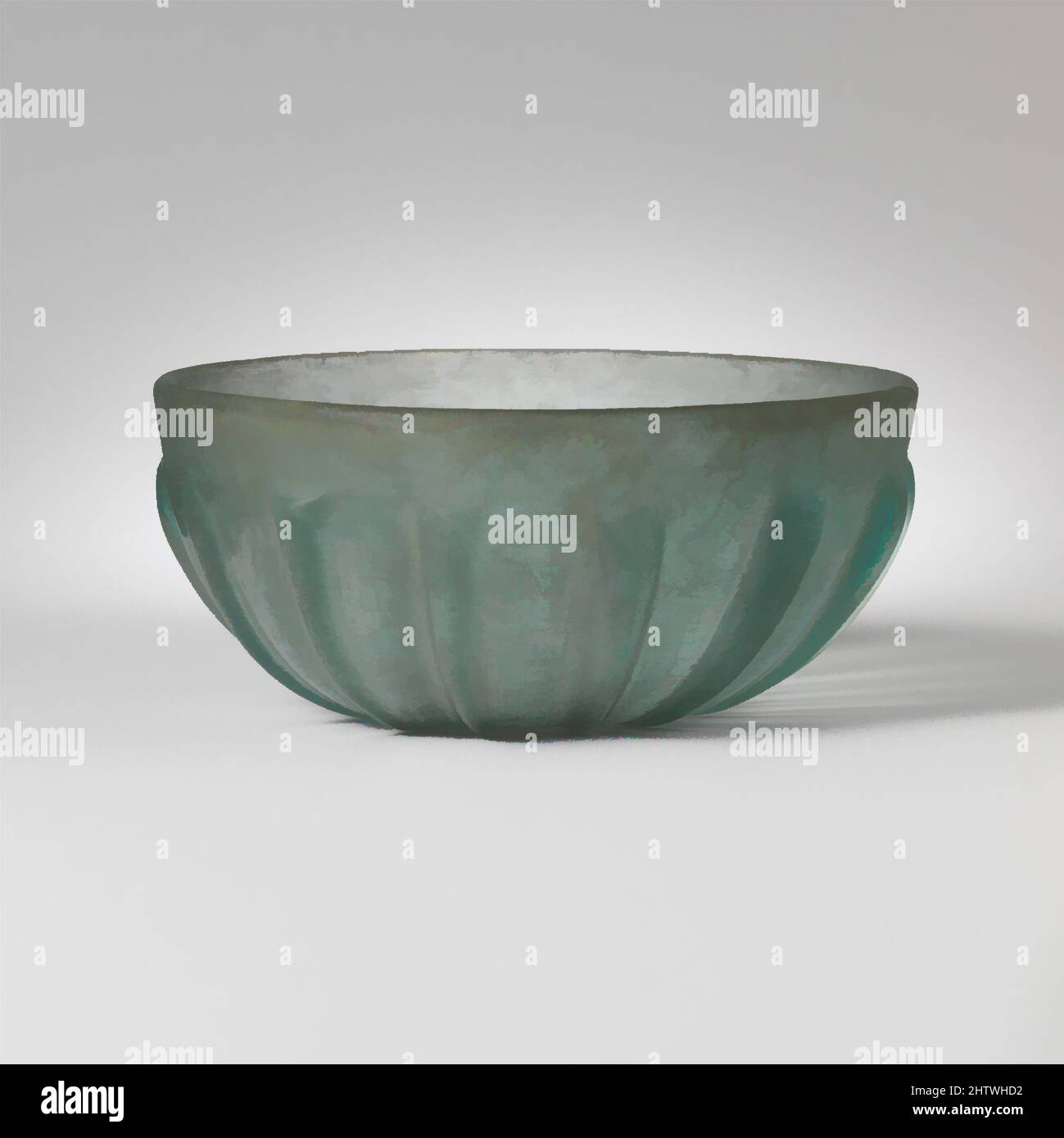 Art inspired by Glass ribbed bowl, Early Imperial, 1st century A.D., Roman, Glass; cast, tooled, and cut, 2 1/16 x 4 9/16in. (5.2 x 11.6cm), Glass, Translucent blue green. Plain rounded rim; sides curving in to slightly concave bottom. On exterior, fifteen prominent, almost vertical, Classic works modernized by Artotop with a splash of modernity. Shapes, color and value, eye-catching visual impact on art. Emotions through freedom of artworks in a contemporary way. A timeless message pursuing a wildly creative new direction. Artists turning to the digital medium and creating the Artotop NFT Stock Photo