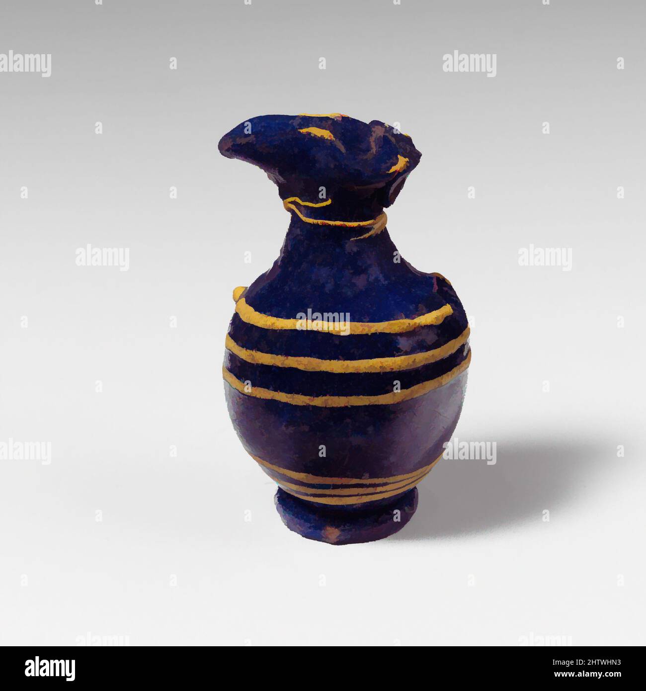 Art inspired by Glass oinochoe (perfume jug), Late Classical or Hellenistic, 4th–3rd century B.C., Eastern Mediterranean or Italian, Glass; core-formed, Group II, H.: 2 in. (5.1 cm), Glass, Translucent cobalt blue, with handle in same color; trails in opaque yellow. Elongated trefoil, Classic works modernized by Artotop with a splash of modernity. Shapes, color and value, eye-catching visual impact on art. Emotions through freedom of artworks in a contemporary way. A timeless message pursuing a wildly creative new direction. Artists turning to the digital medium and creating the Artotop NFT Stock Photo