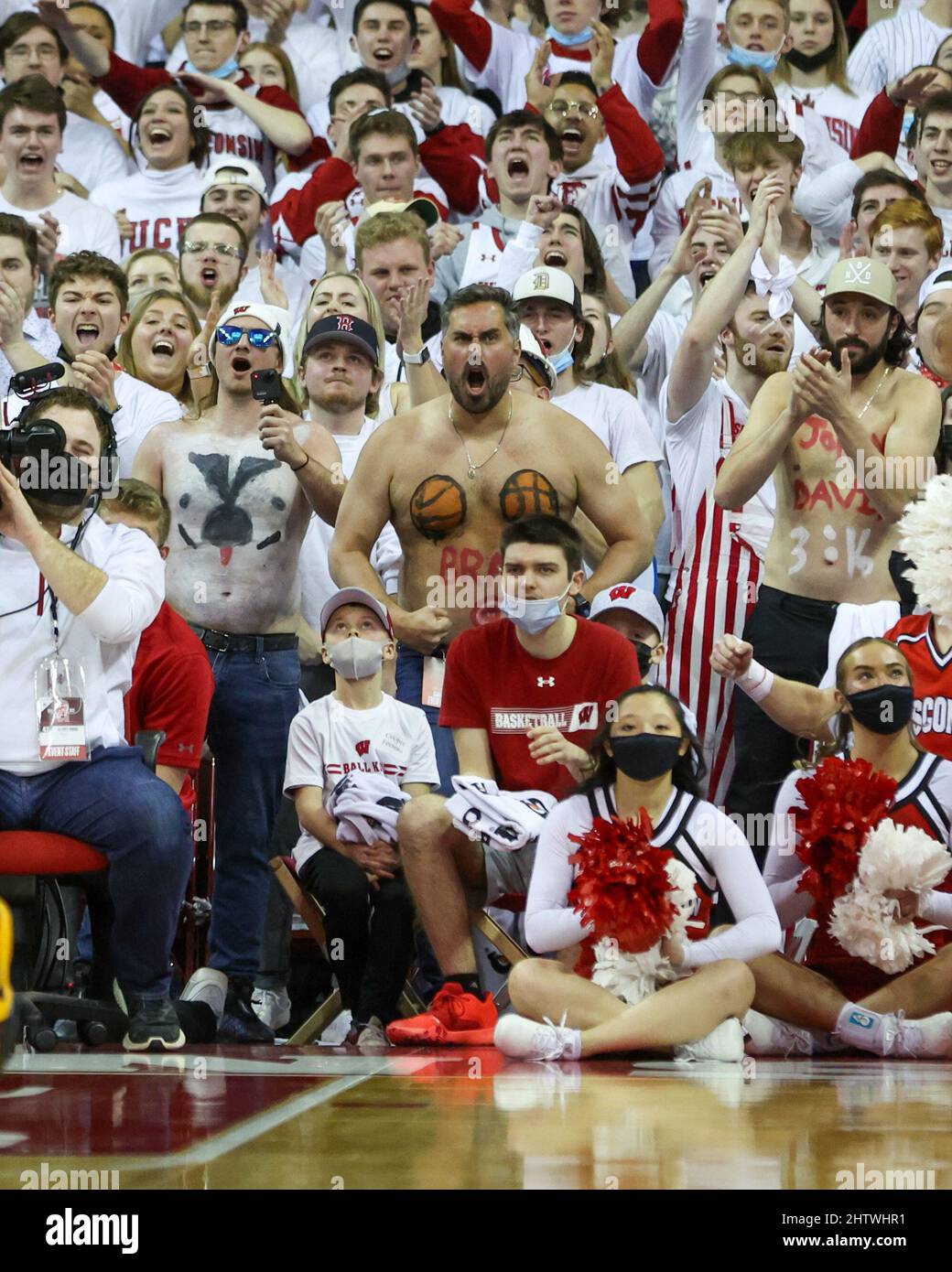 March 1, 20, 2022: BarStool Big Cat Dan Katz in the student section during  the NCAA Basketball game between the Purdue Boilermakers and the Wisconsin  Badgers at the Kohl Center in Madison,