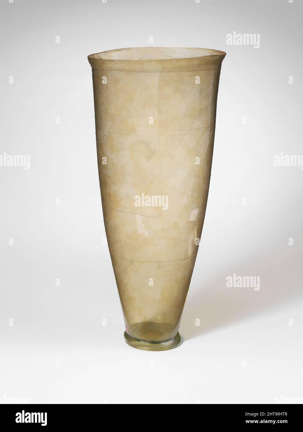 Art inspired by Glass beaker, Late Imperial, 3rd–4th century A.D., Roman, Glass; blown and cut, H.: 8 1/4 in. (21 cm), Glass, Colorless; base ring with green tinge. Bulging rim, cracked off unevenly; tall body with side tapering downwards; low, solid, base ring applied as a coil and, Classic works modernized by Artotop with a splash of modernity. Shapes, color and value, eye-catching visual impact on art. Emotions through freedom of artworks in a contemporary way. A timeless message pursuing a wildly creative new direction. Artists turning to the digital medium and creating the Artotop NFT Stock Photo