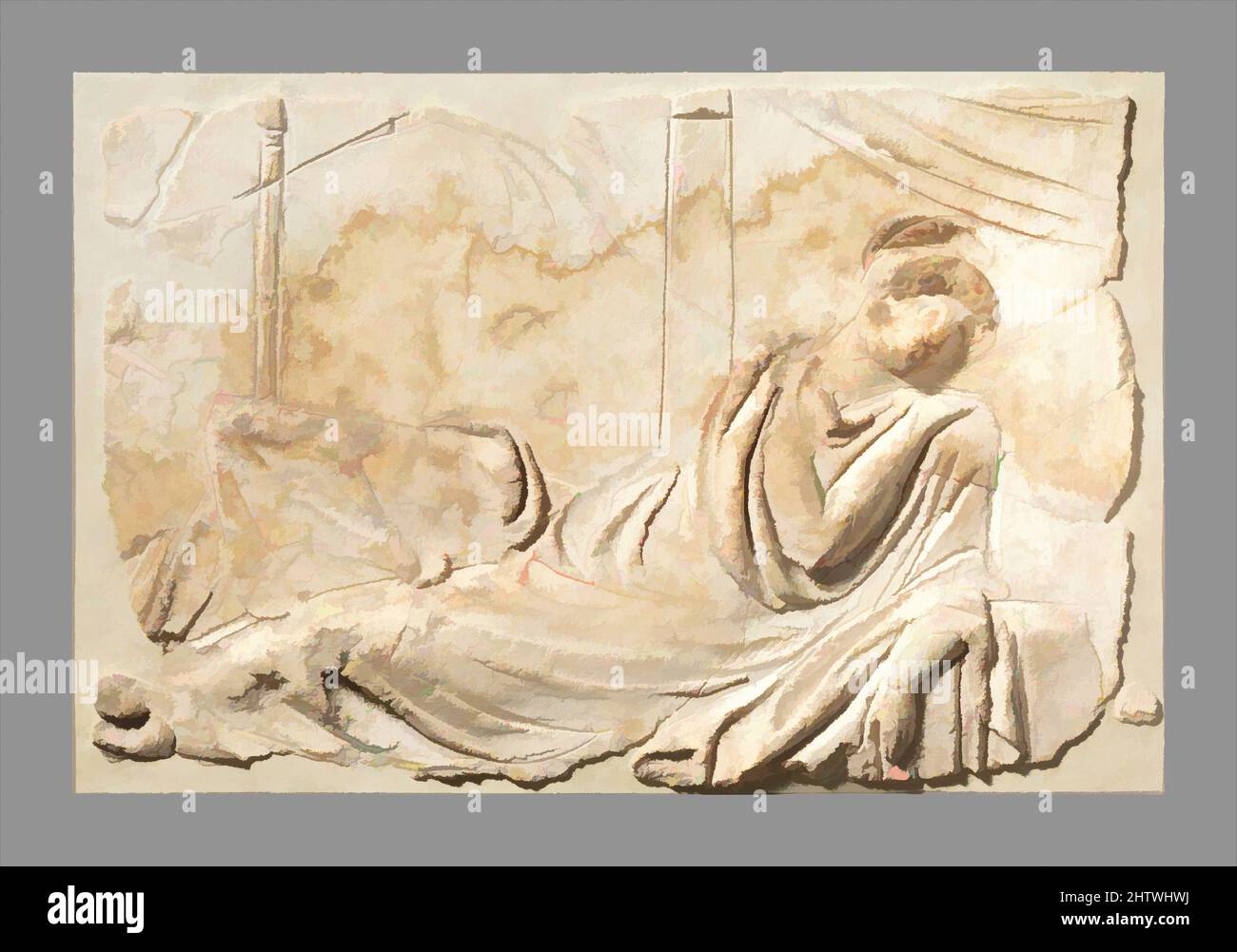 Art inspired by Stucco relief panel, Early Imperial, 2nd half of 1st century A.D., Roman, Stucco, Overall: 9 1/2 x 14 3/8 x 2 1/4 in. (24.1 x 36.5 x 5.7 cm), Miscellaneous-Stucco, Draped in a heavy cloak and with an elaborate hairdo, the woman reclines with one knee raised. Her left, Classic works modernized by Artotop with a splash of modernity. Shapes, color and value, eye-catching visual impact on art. Emotions through freedom of artworks in a contemporary way. A timeless message pursuing a wildly creative new direction. Artists turning to the digital medium and creating the Artotop NFT Stock Photo