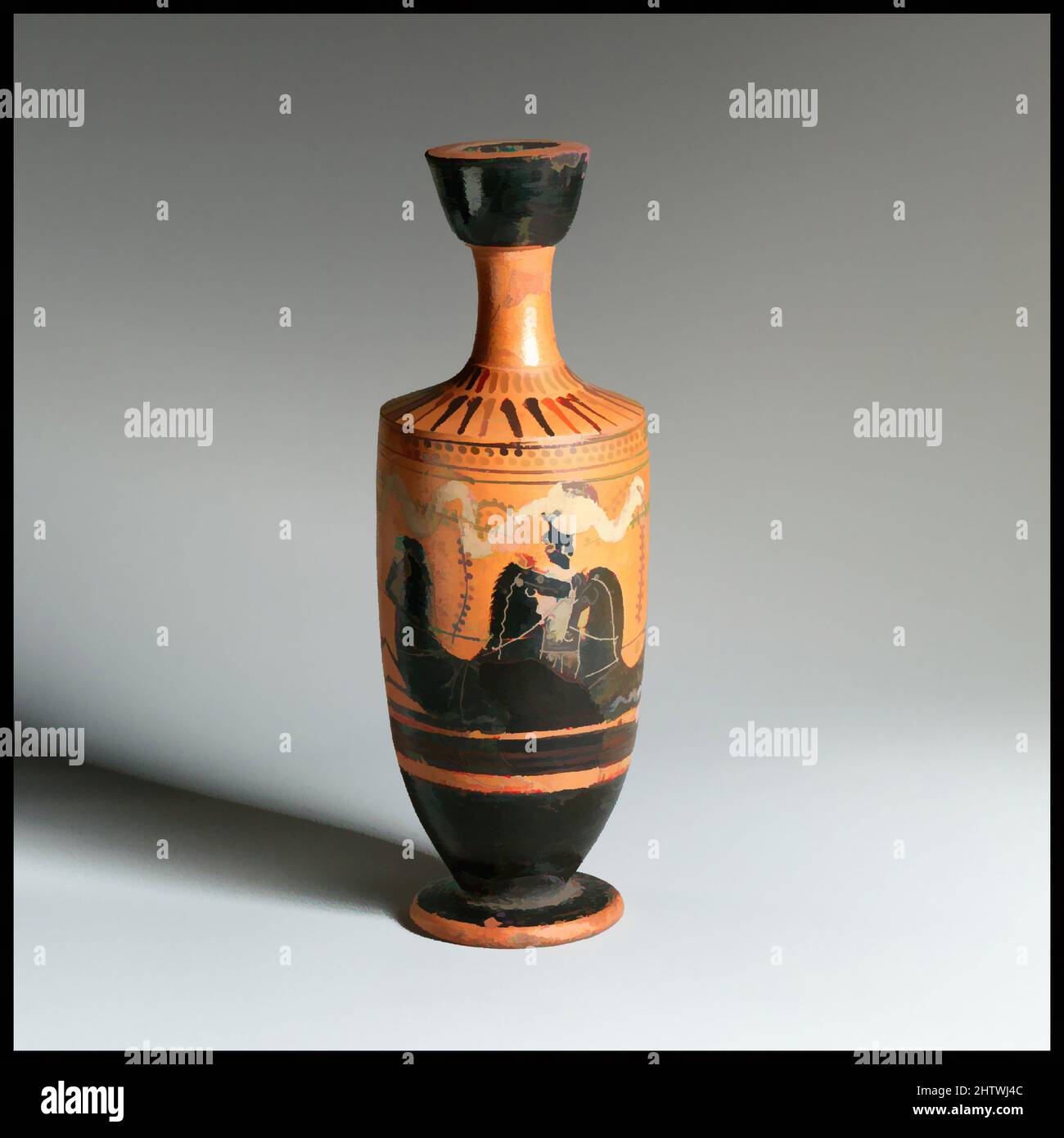 Art inspired by Lekythos, Late Archaic, 1st quarter of 5th century B.C., Greek, Attic, Terracotta; black-figure, Diameter: 2 11/16 × 1 5/8 × 2 1/8 in. (6.8 × 4.1 × 5.3 cm), Vases, Classic works modernized by Artotop with a splash of modernity. Shapes, color and value, eye-catching visual impact on art. Emotions through freedom of artworks in a contemporary way. A timeless message pursuing a wildly creative new direction. Artists turning to the digital medium and creating the Artotop NFT Stock Photo