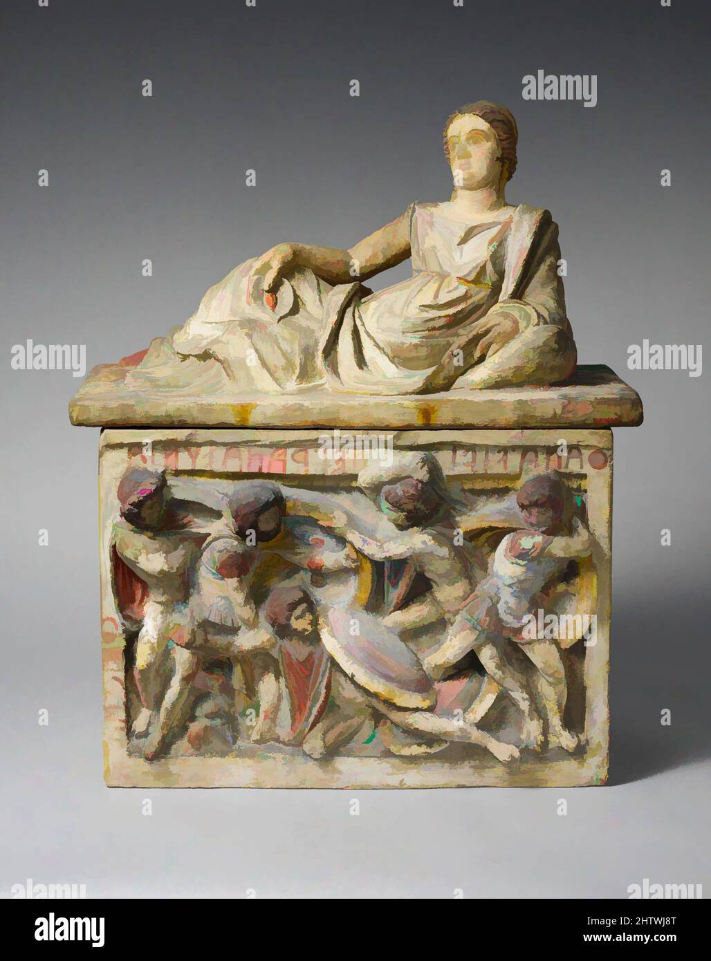 Art inspired by Terracotta cinerary urn, Hellenistic, 2nd century B.C., Etruscan, Terracotta, Height: 28 1/4 in. (71.8 cm), Terracottas, The inscription, THANA : VIPINEI : RANAZUNIA : CREICESA, attests that this is the ash urn of Thana Vipinei Ranazunia, wife of Creice. The last word, Classic works modernized by Artotop with a splash of modernity. Shapes, color and value, eye-catching visual impact on art. Emotions through freedom of artworks in a contemporary way. A timeless message pursuing a wildly creative new direction. Artists turning to the digital medium and creating the Artotop NFT Stock Photo