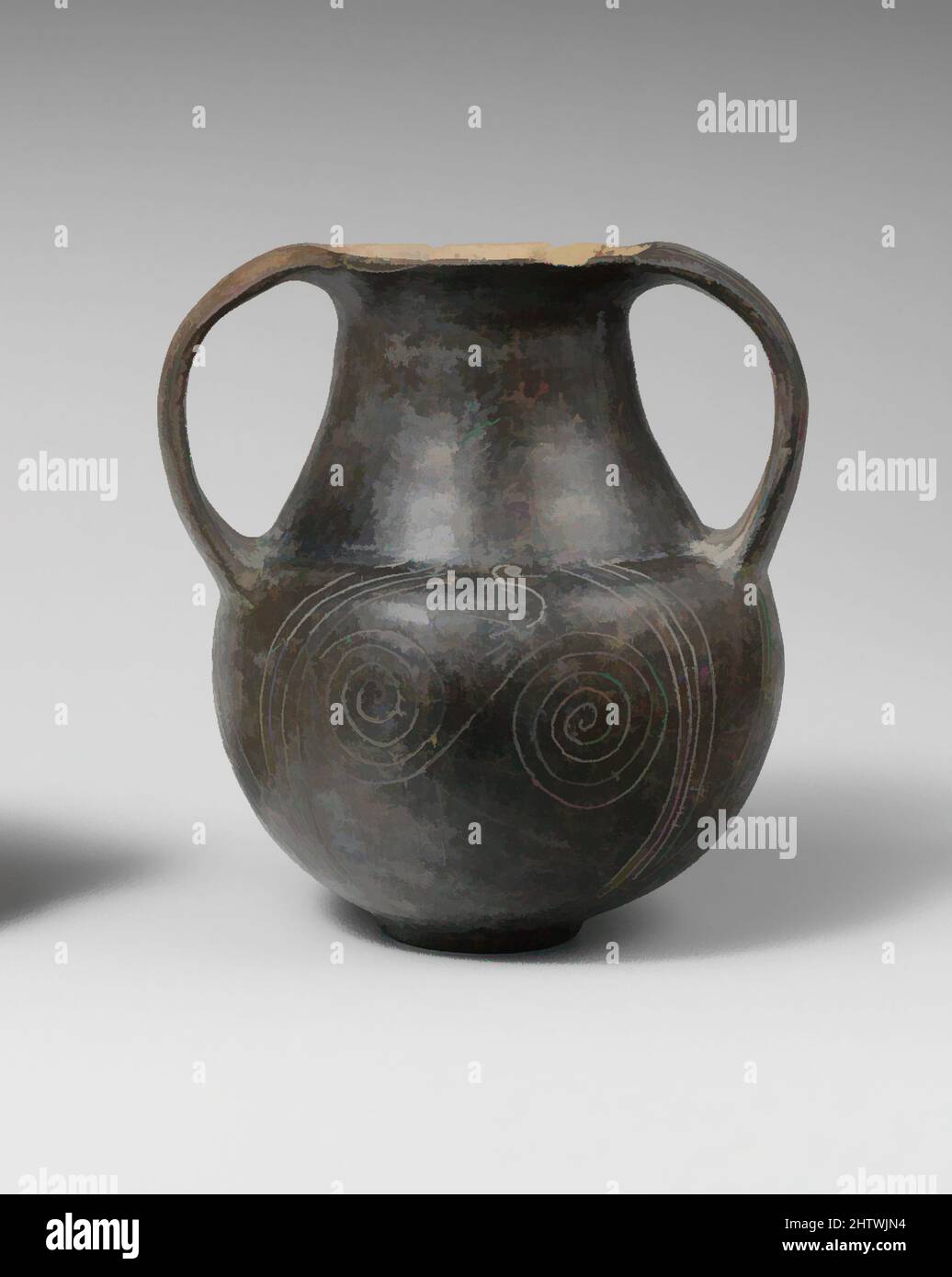Art inspired by Terracotta spiral amphora (jar), Archaic, ca. 675–650 B.C., Etruscan, Terracotta; bucchero, H. 4 1/4 in. (10.8 cm), Vases, This distinctive shape, frequently incised with double spirals, is indigenous to Italy. The thin, flat handles and sharp curves imply that the, Classic works modernized by Artotop with a splash of modernity. Shapes, color and value, eye-catching visual impact on art. Emotions through freedom of artworks in a contemporary way. A timeless message pursuing a wildly creative new direction. Artists turning to the digital medium and creating the Artotop NFT Stock Photo