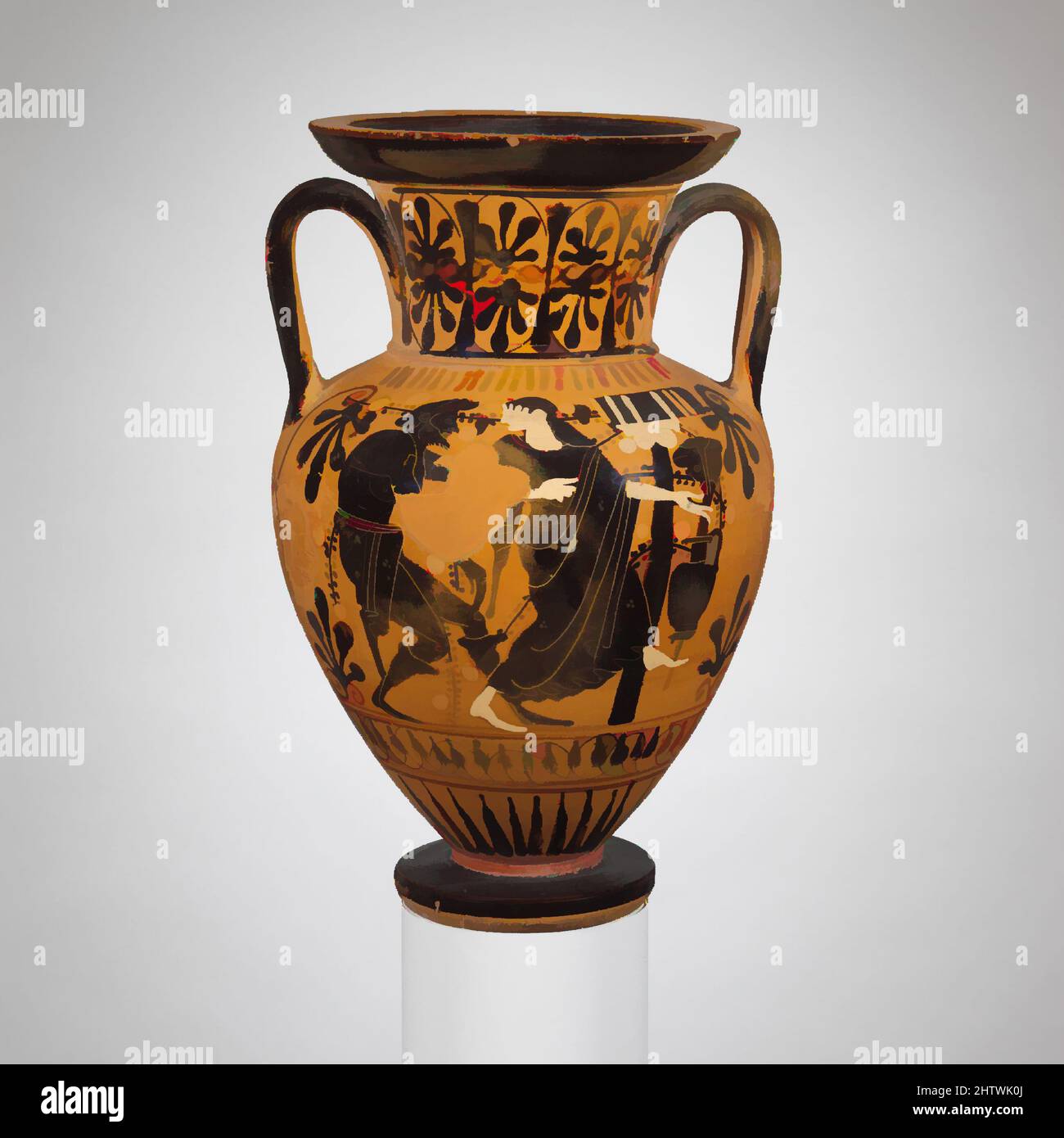 Art inspired by Terracotta neck-amphora, Archaic, early 5th century B.C., Greek, Attic, Terracotta; black-figure, H. 10 1/4 in. (26 cm), Vases, Obverse, man seizing woman at a fountain house Reverse, Dionysos on donkey and maenad While Dionysos is riding along peaceably on the reverse, Classic works modernized by Artotop with a splash of modernity. Shapes, color and value, eye-catching visual impact on art. Emotions through freedom of artworks in a contemporary way. A timeless message pursuing a wildly creative new direction. Artists turning to the digital medium and creating the Artotop NFT Stock Photo
